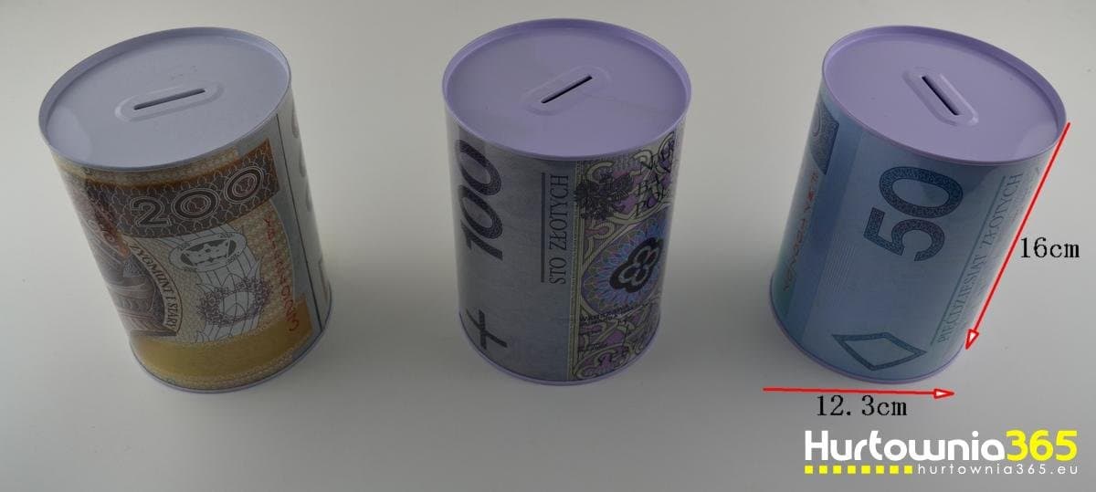 Skarbonka cylindryczna z nadrukiem banknotów w wariantach kolorów