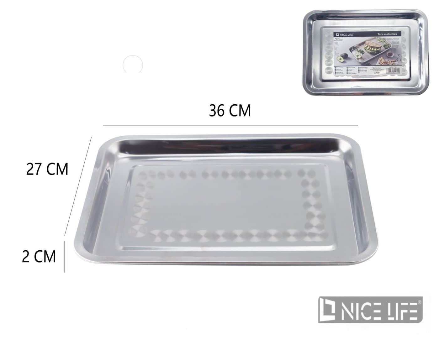 Taca metalowa srebrna prostokątna 36 × 27 × 2 cm