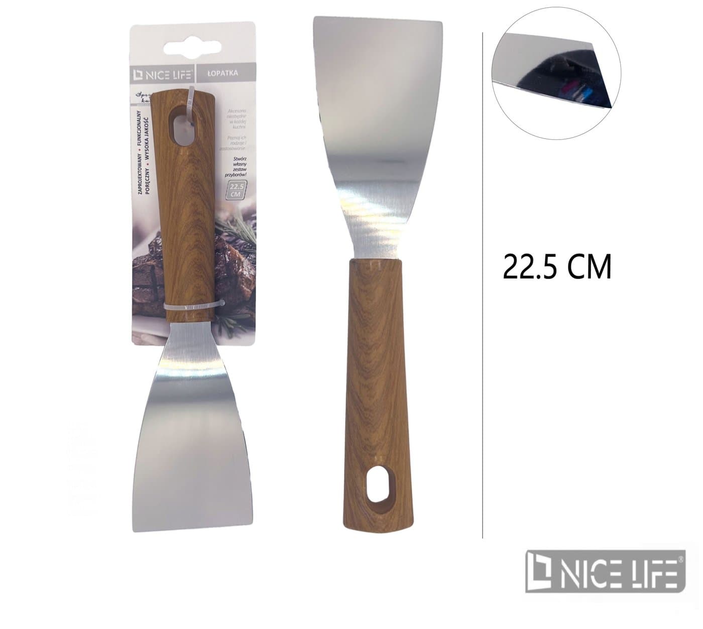 Łopatka kuchenna metalowa trapezowa drewnopodobna