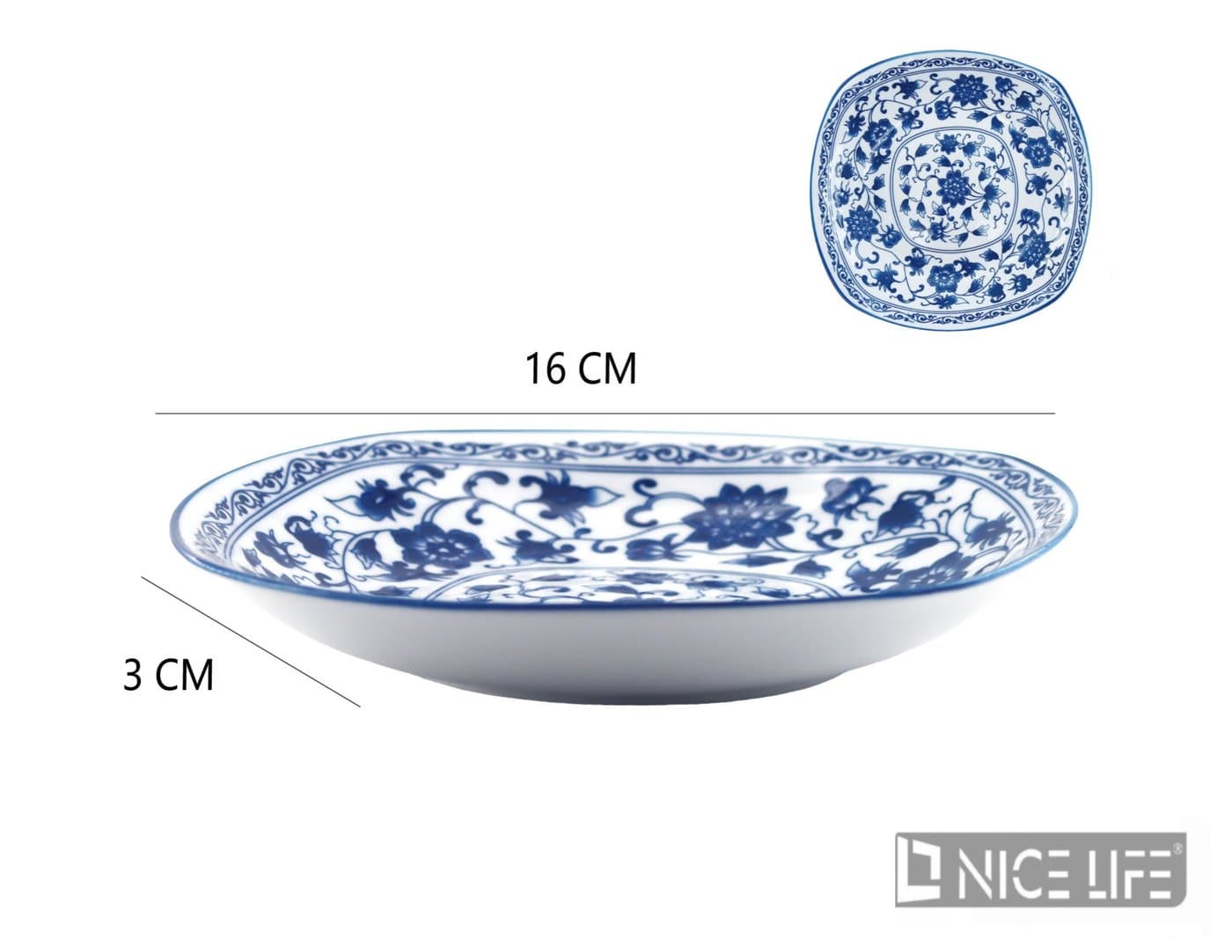 Talerz ceramiczny biały z niebieskim ornamentem roślinnym