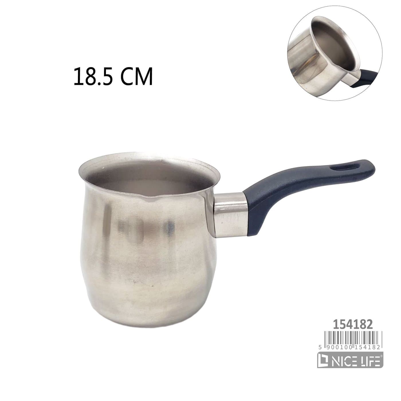 Kubek metalowy do podgrzewania mleka z czarną rączką