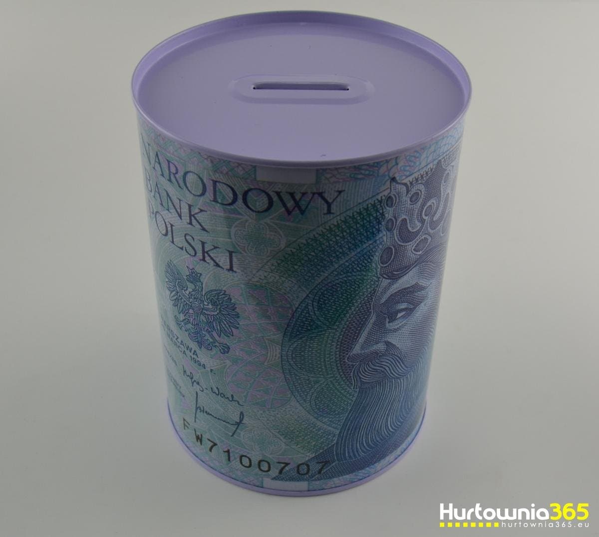 Skarbonka cylindryczna z nadrukiem banknotów w wariantach kolorów