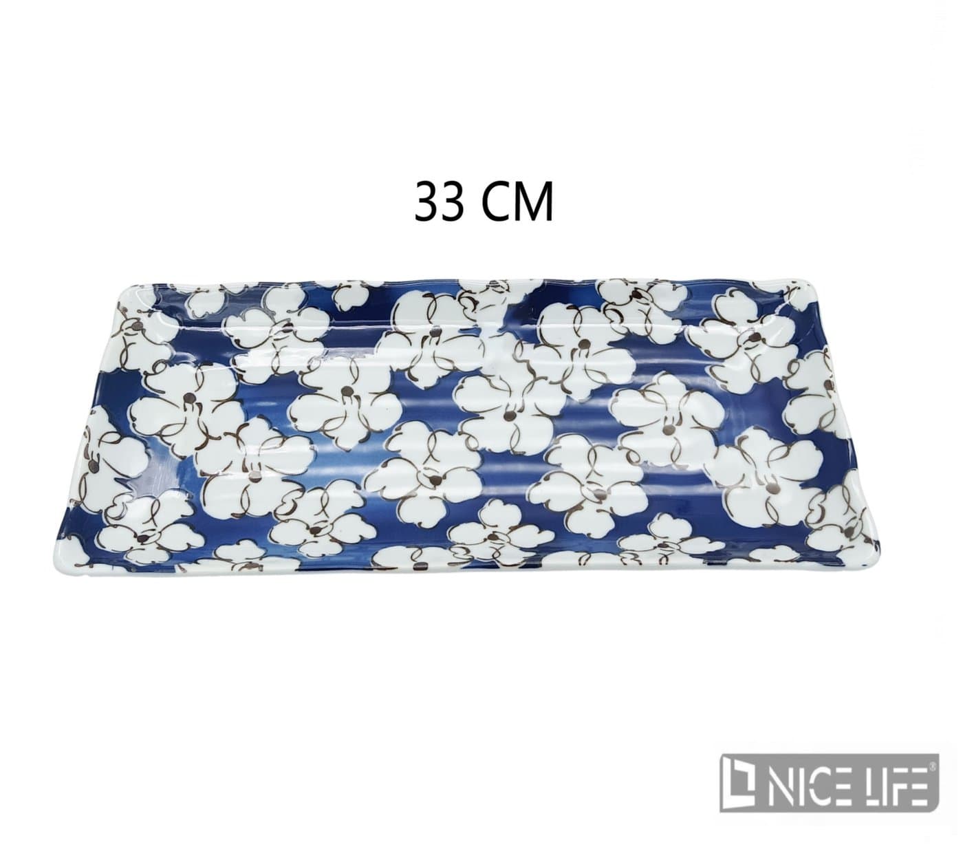 Talerz ceramiczny prostokątny z granatowo-białymi kwiatami