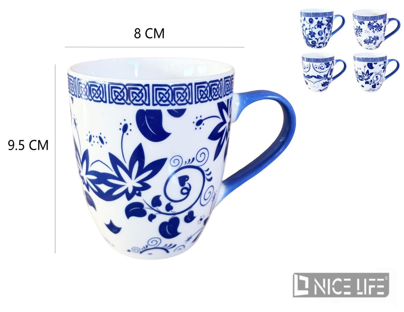 Kubek ceramiczny z niebieskim wzorem ornamentowym
