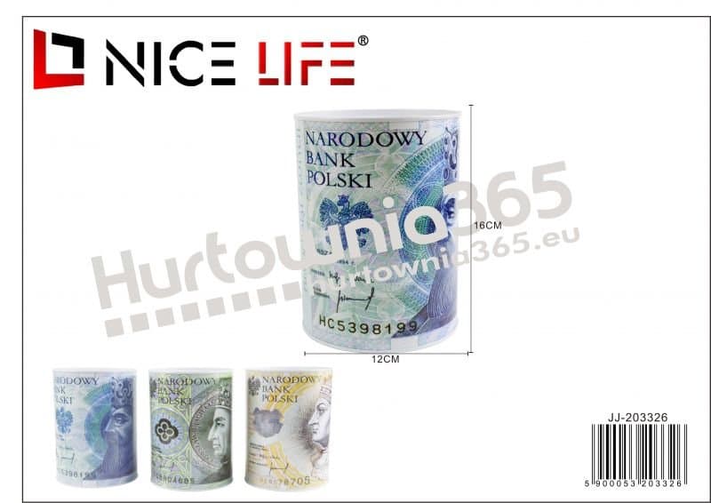 Skarbonka cylindryczna z nadrukiem banknotów w wariantach kolorów