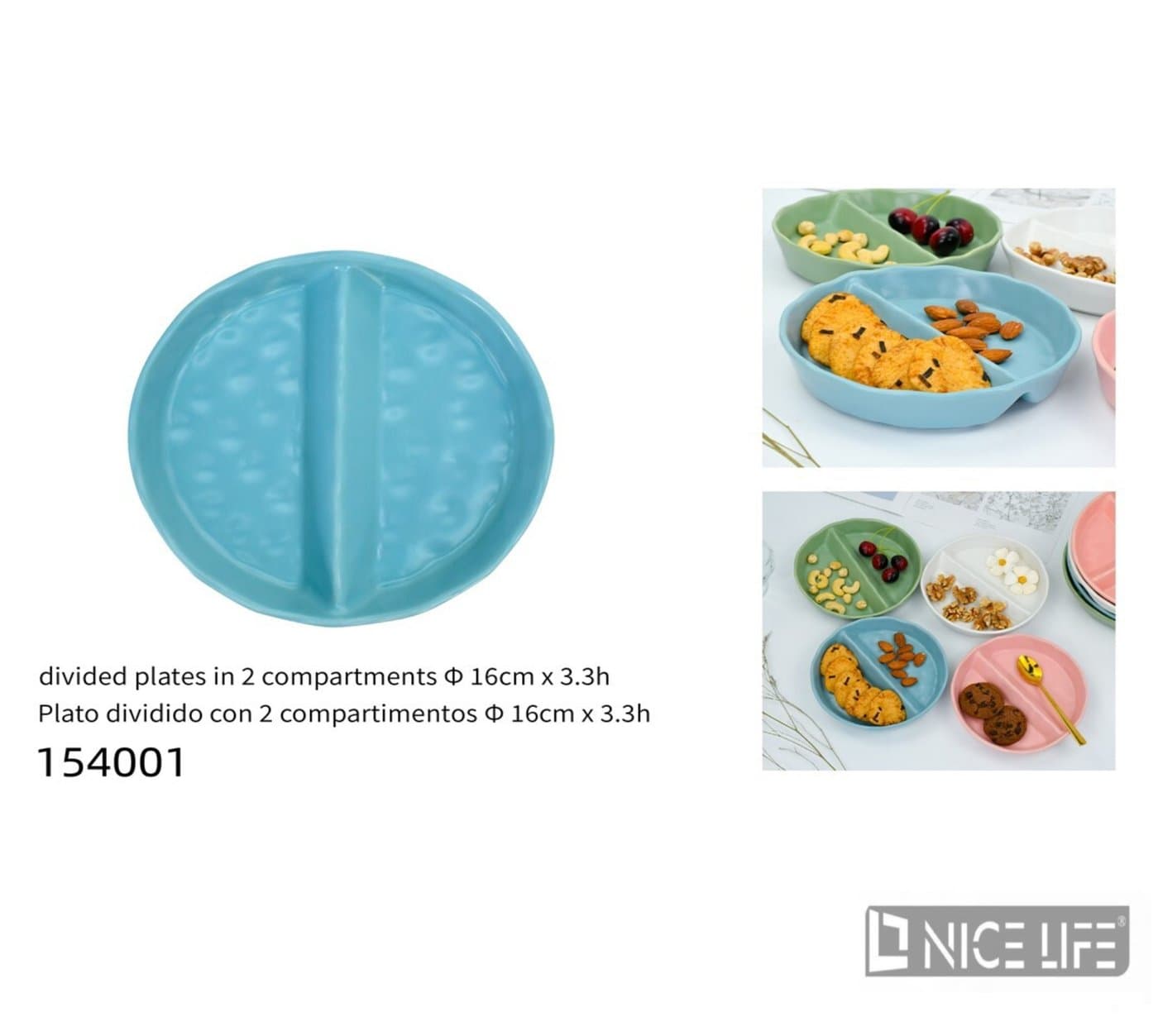 Talerz ceramiczny z dwiema przegródkami niebieski