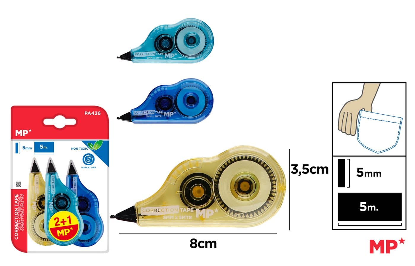 Korektor w taśmie mini 5 mm x 5 m niebieski granatowy żółty