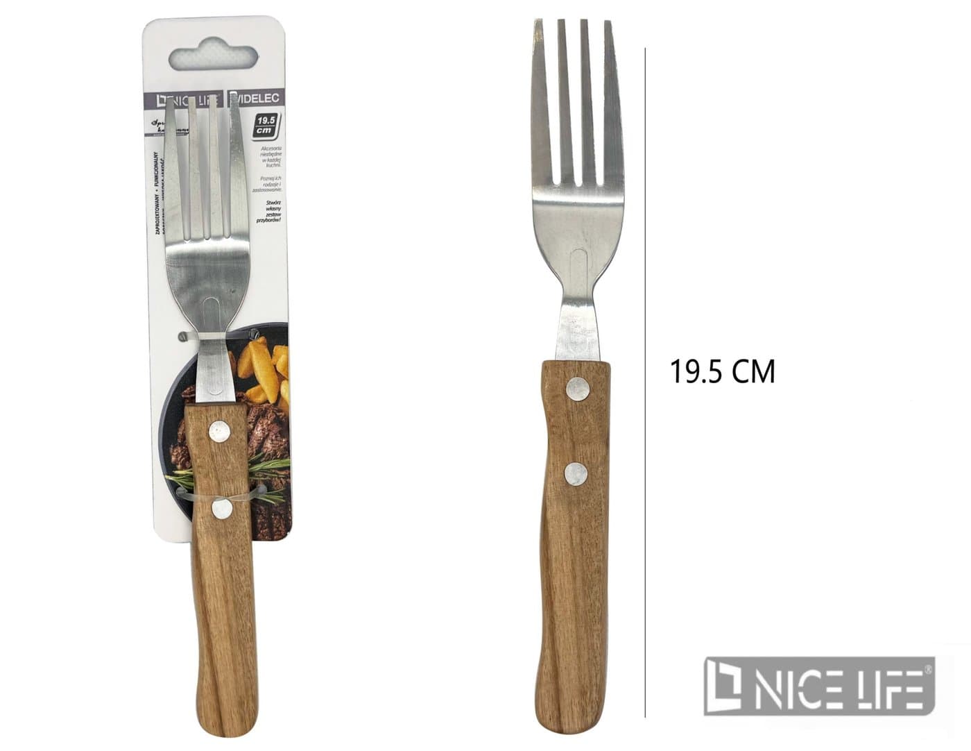 Widelec stołowy metalowy z drewnianą rękojeścią 19,5 cm