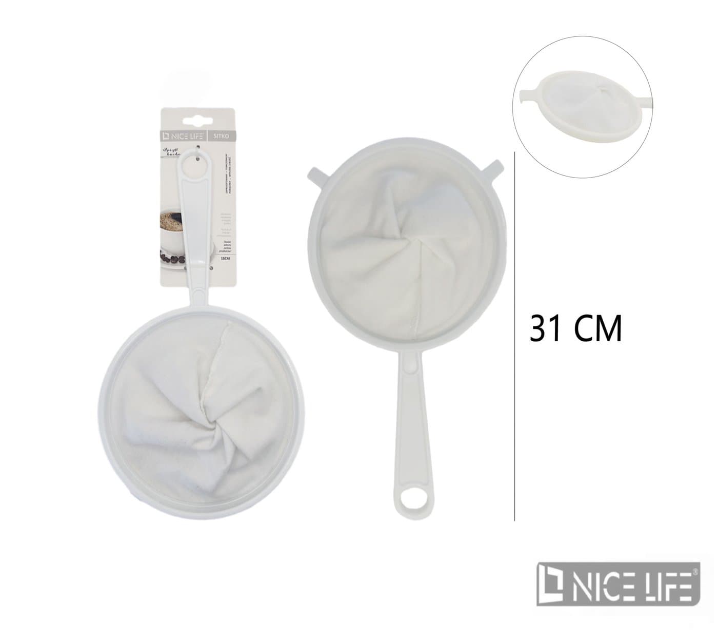 Sitko białe z drobną siateczką i plastikową rączką