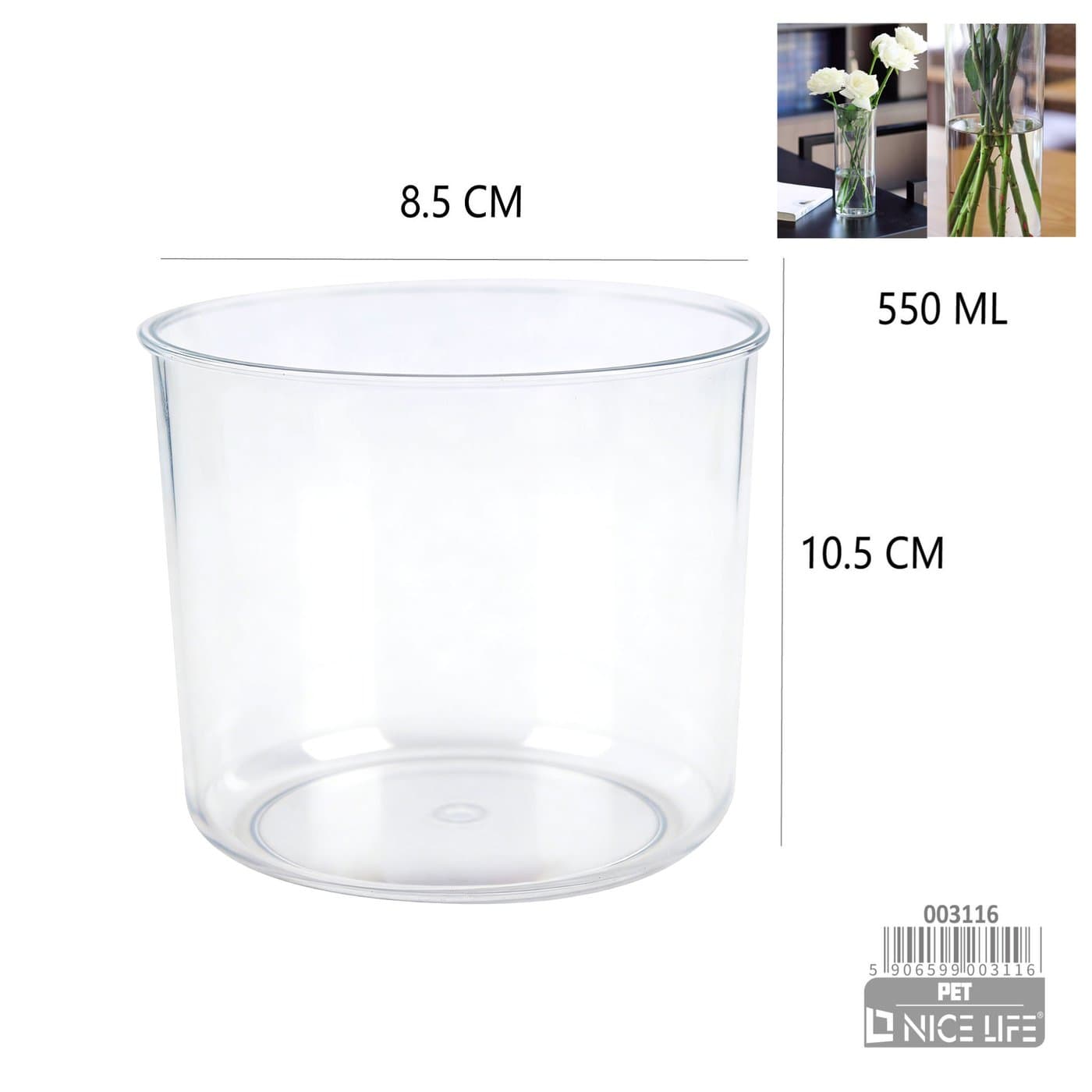 Wazon plastikowy przezroczysty szeroki niski cylindryczny