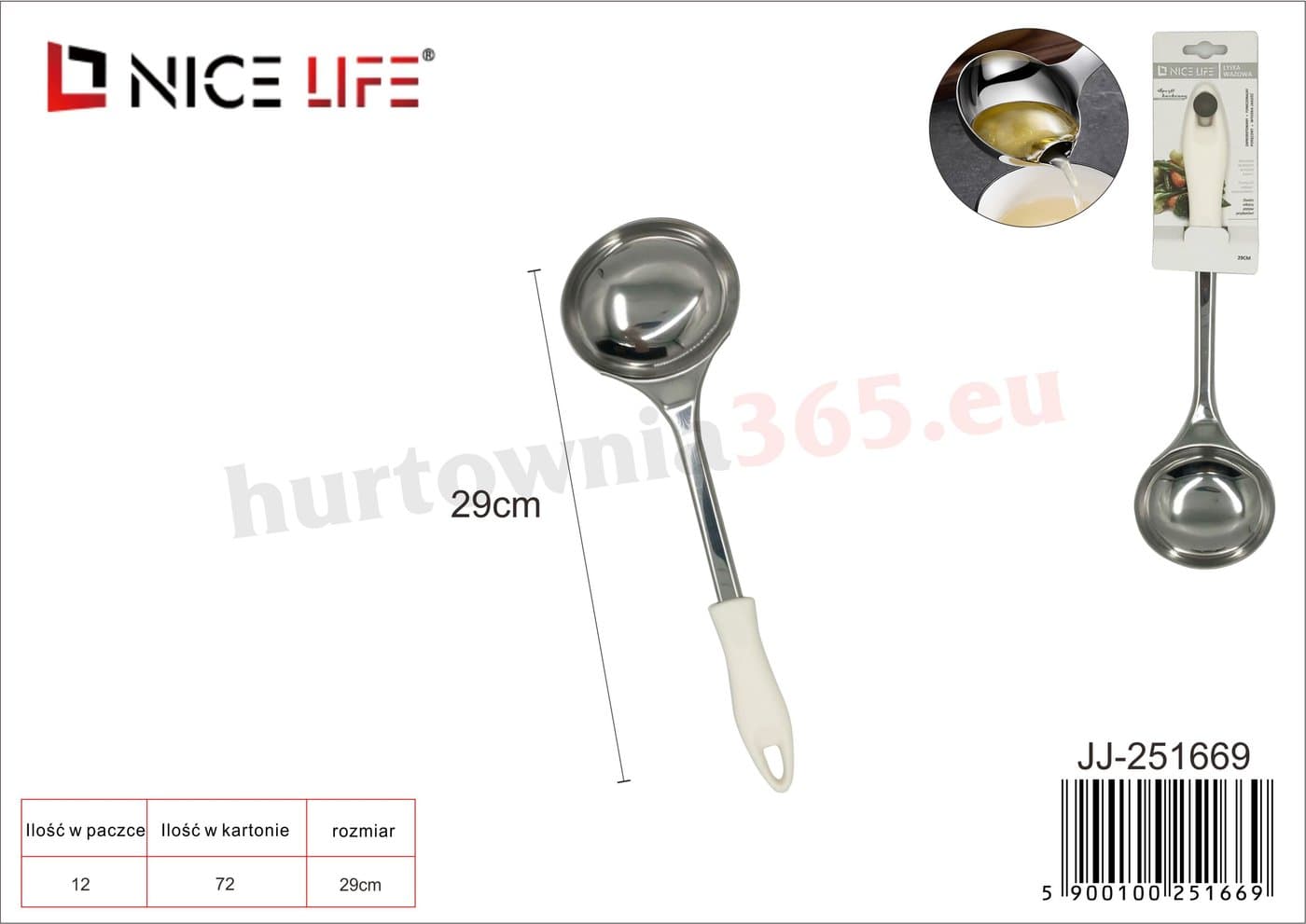 Łyżka wazowa metalowa z białą plastikową rączką