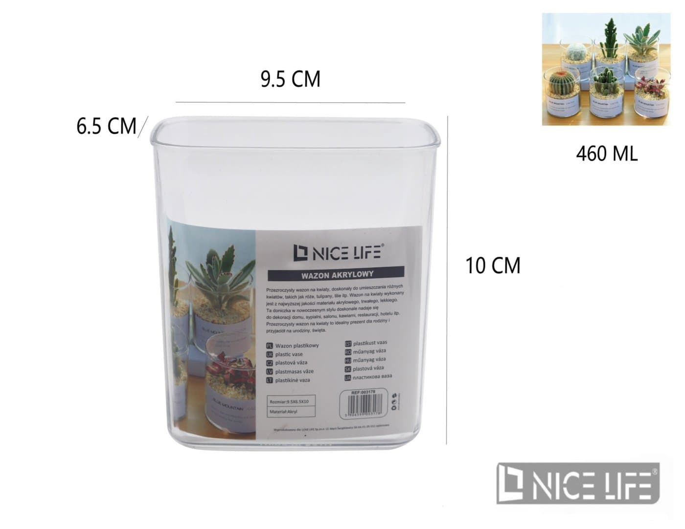 Wazon plastikowy przezroczysty 460 ml, 9,5 × 6,5 × 10 cm