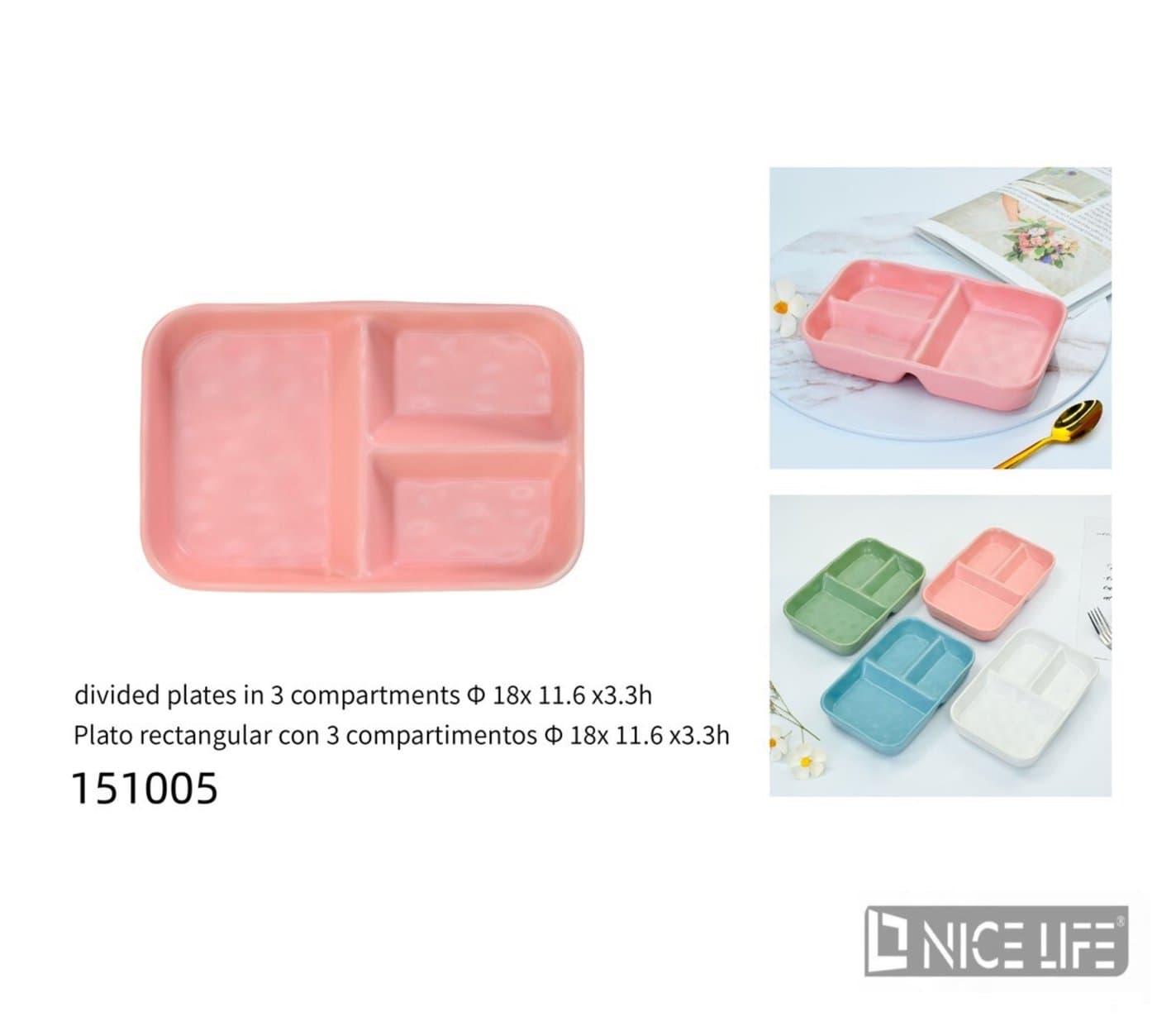 Talerz ceramiczny z trzema przegródkami różowy
