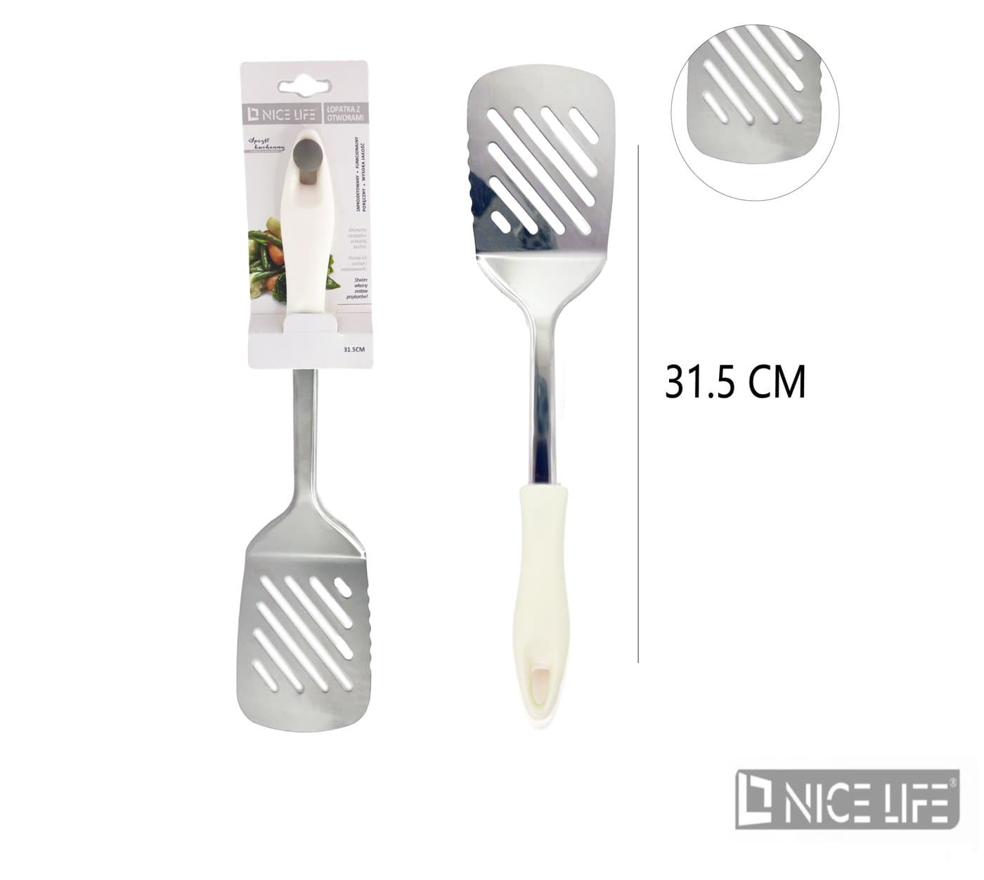 Łopatka kuchenna metalowa z białą plastikową rączką