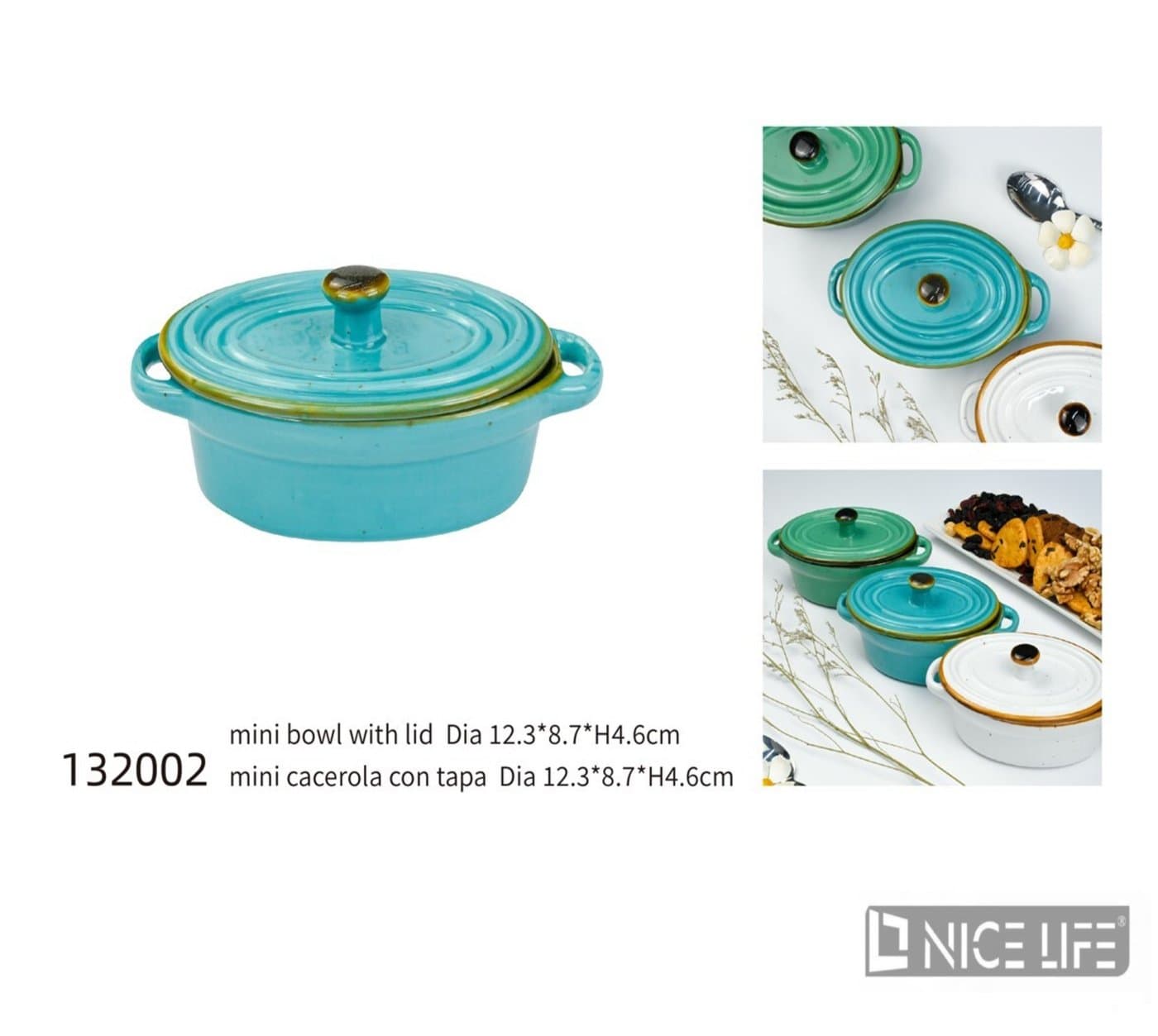 Rondelek mini ceramiczny turkusowy z dwoma uchwytami bocznymi