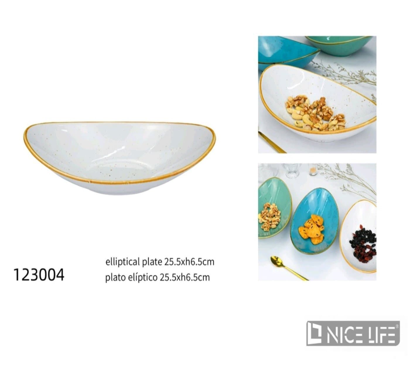 Półmisek ceramiczny owalny biały w nakropienia ze złotym obrzeżem