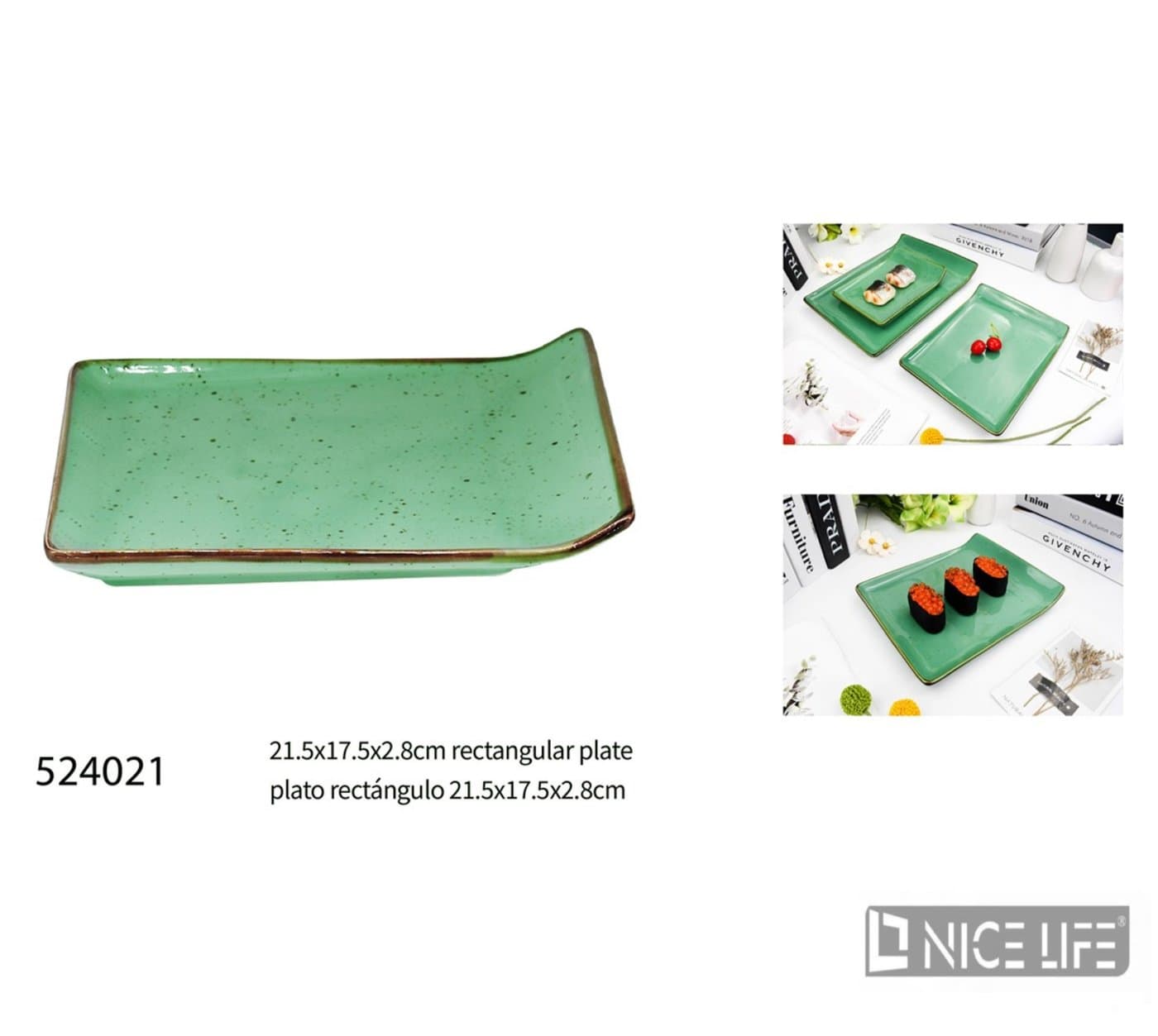 Taca ceramiczna zielona prostokątna 21,5 × 17,5 × 2,8