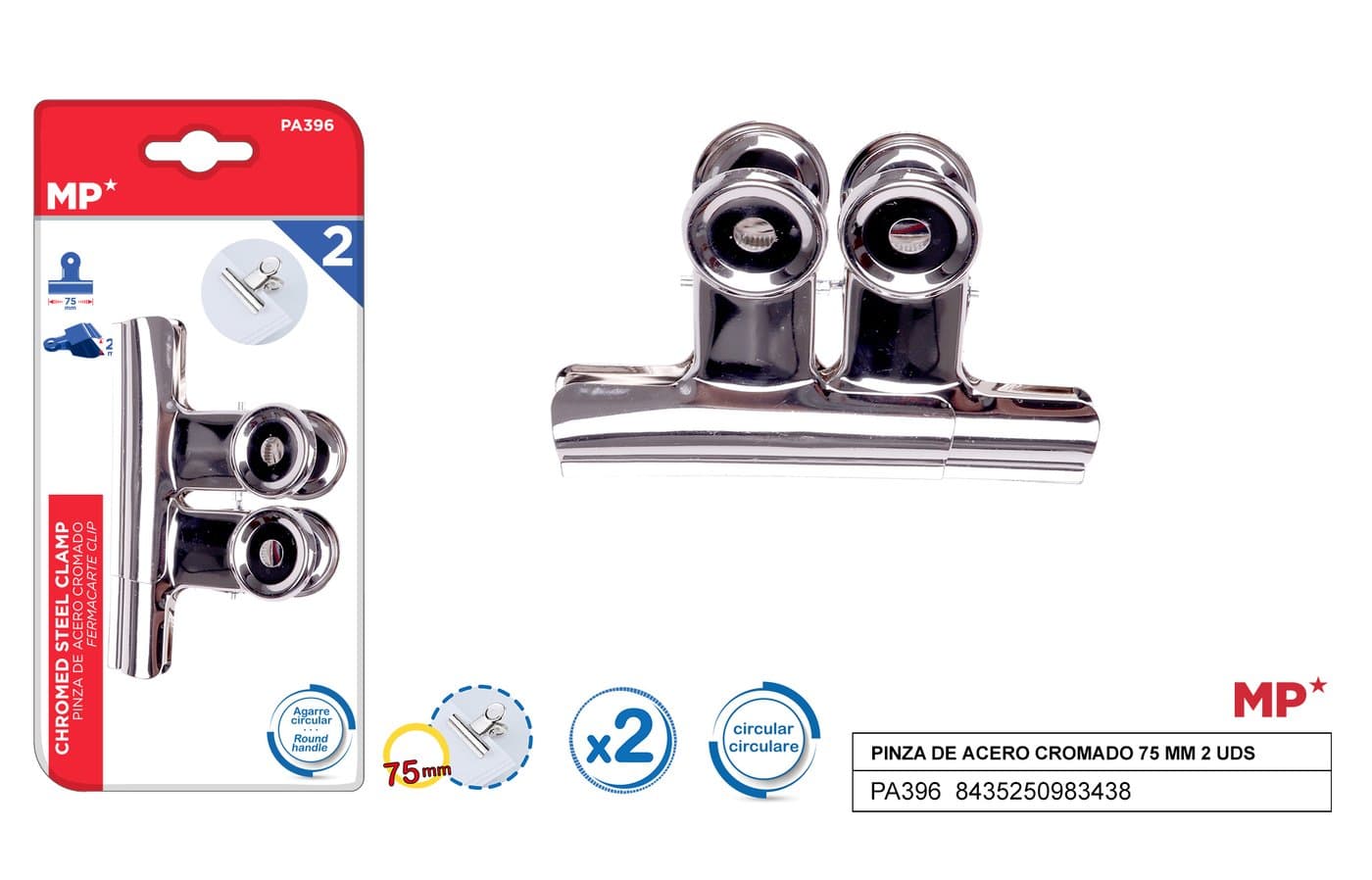 Klipsy biurowe metalowe srebrne 2sztop. 75mm MP