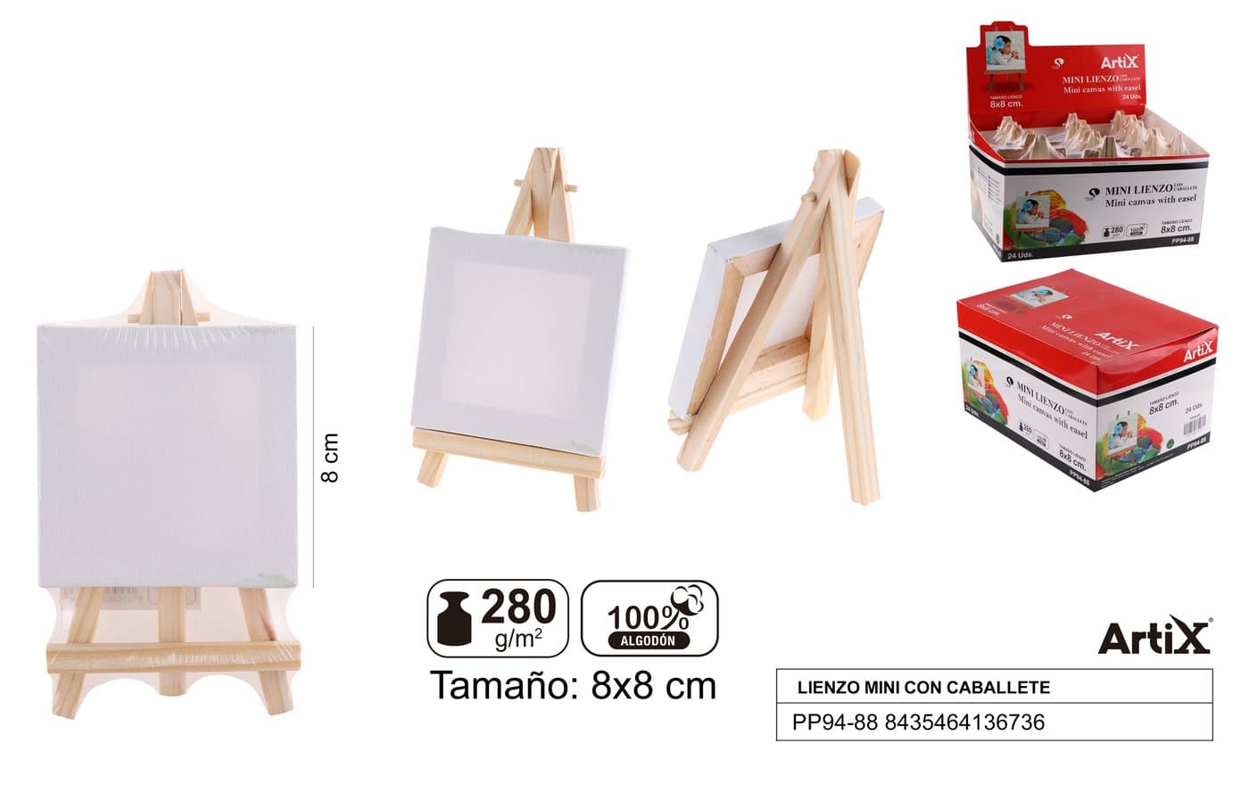Podobrazie mini z drewnianą sztalugą białe 8 × 8 cm 280 g/m²