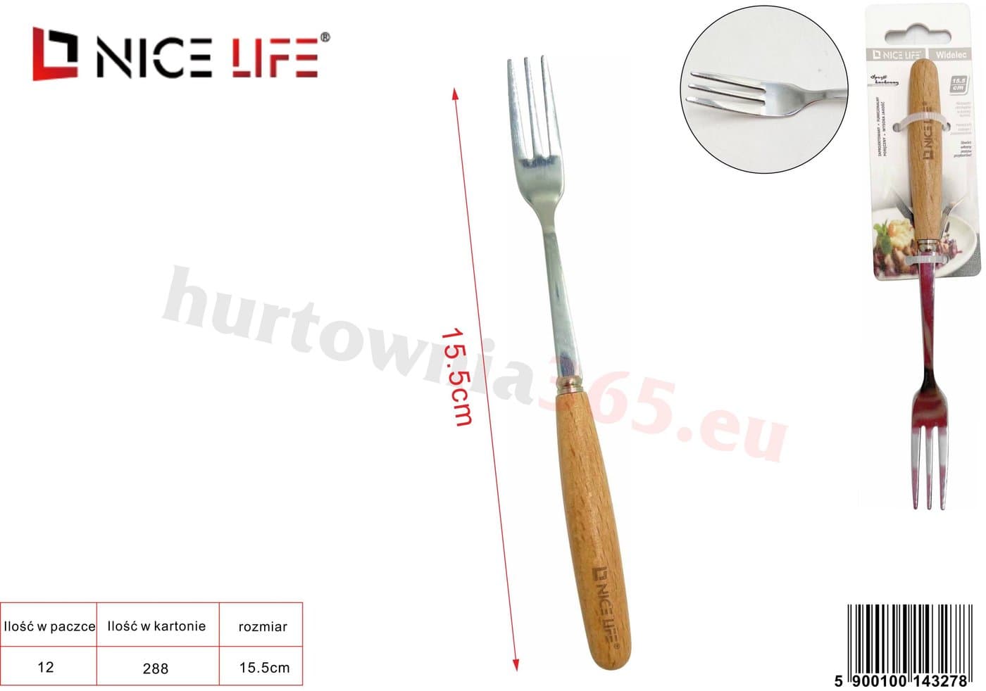 Widelec stołowy metalowy z drewnianą rękojeścią 15,5 cm