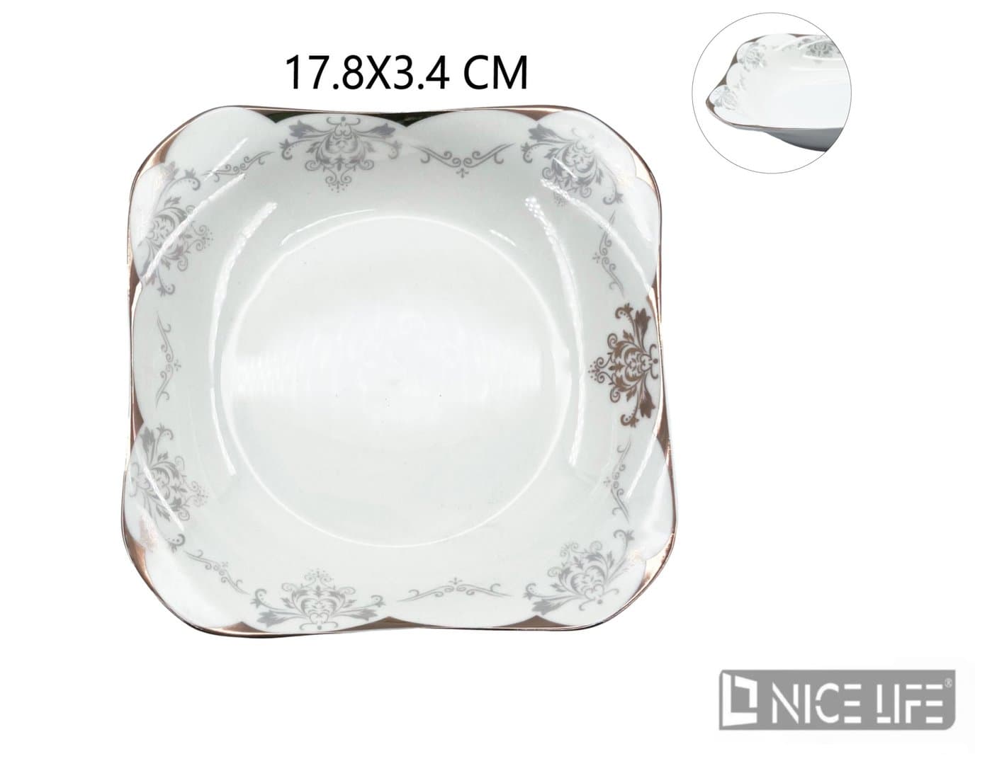 Talerz ceramiczny kwadratowy biały z falowanymi bokami i ornamentami