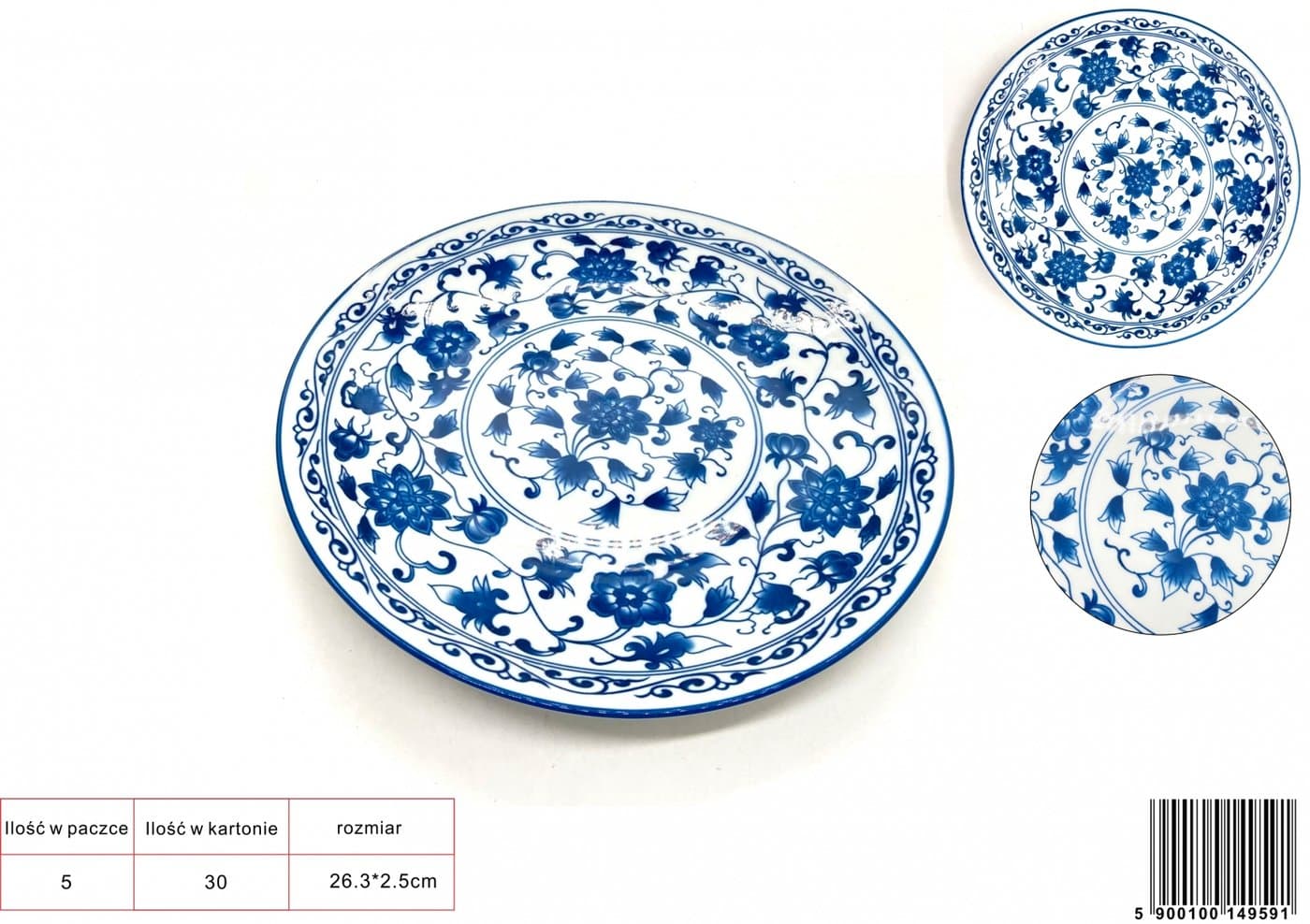 Naczynie ceramiczne białe okrągłe z granatowym wzorem kwiatowym