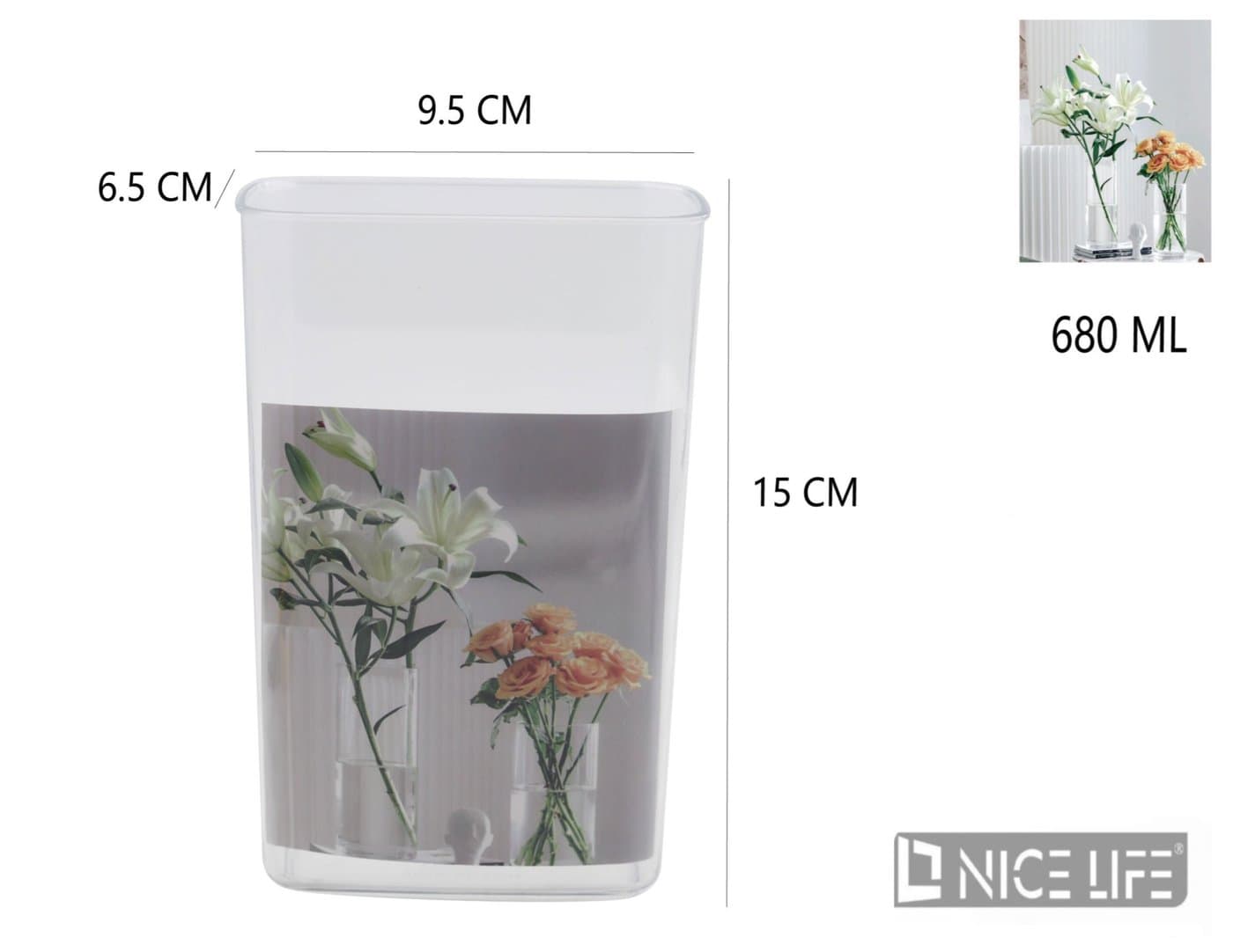 Wazon plastikowy przezroczysty 680 ml, 9,5 × 6,5 × 15 cm