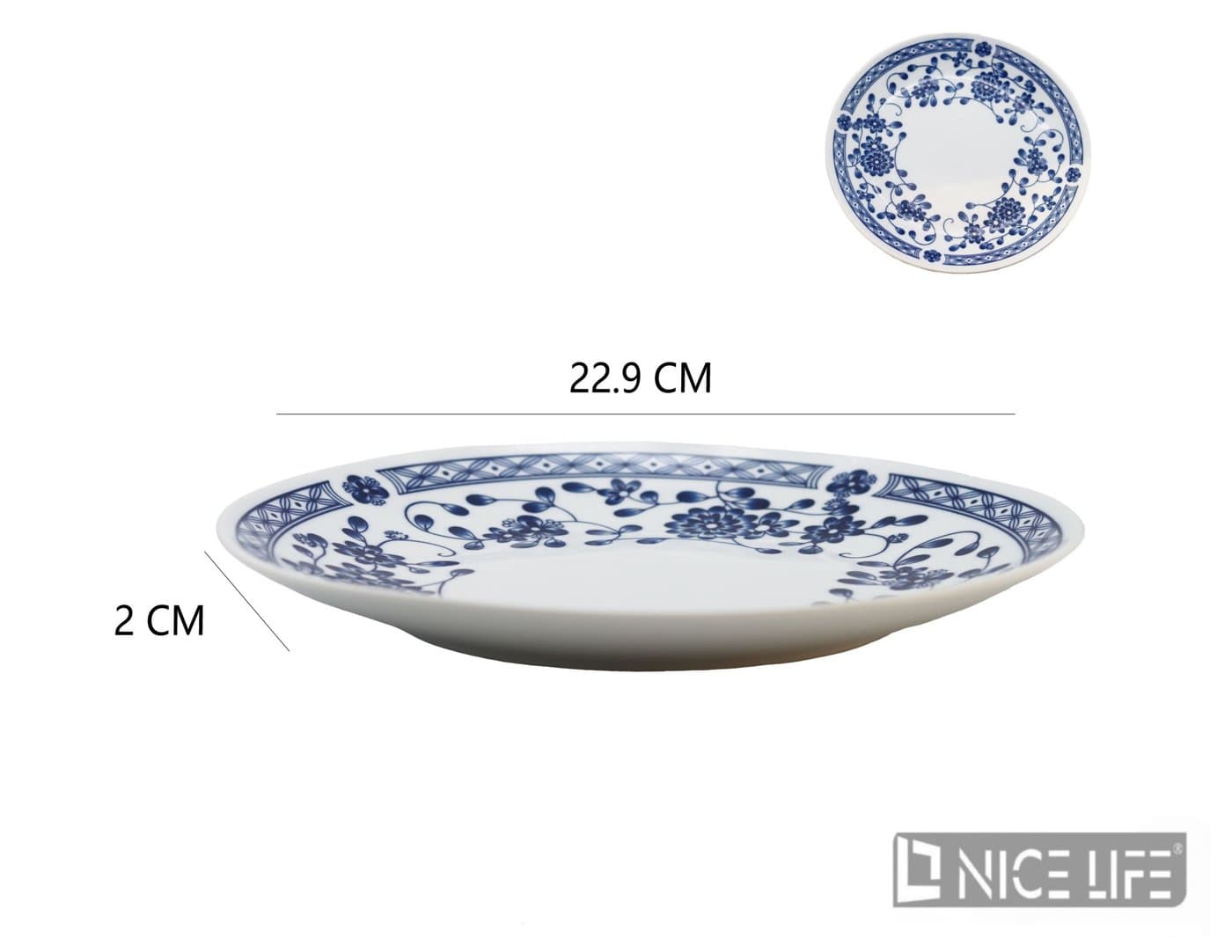 Talerz ceramiczny biały z niebieskim motywem kwiatowym