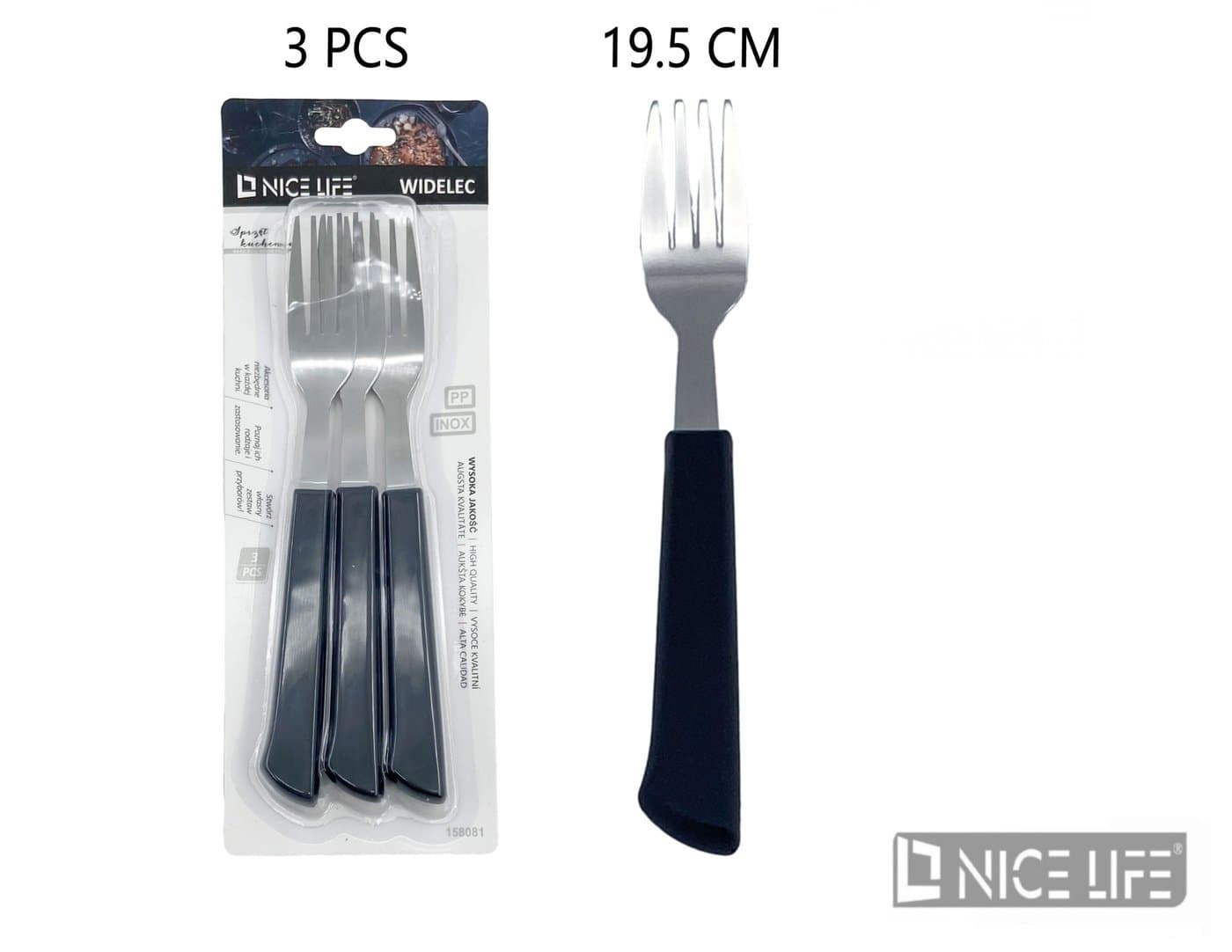 Widelec metalowy z czarną plastikową rękojeścią
