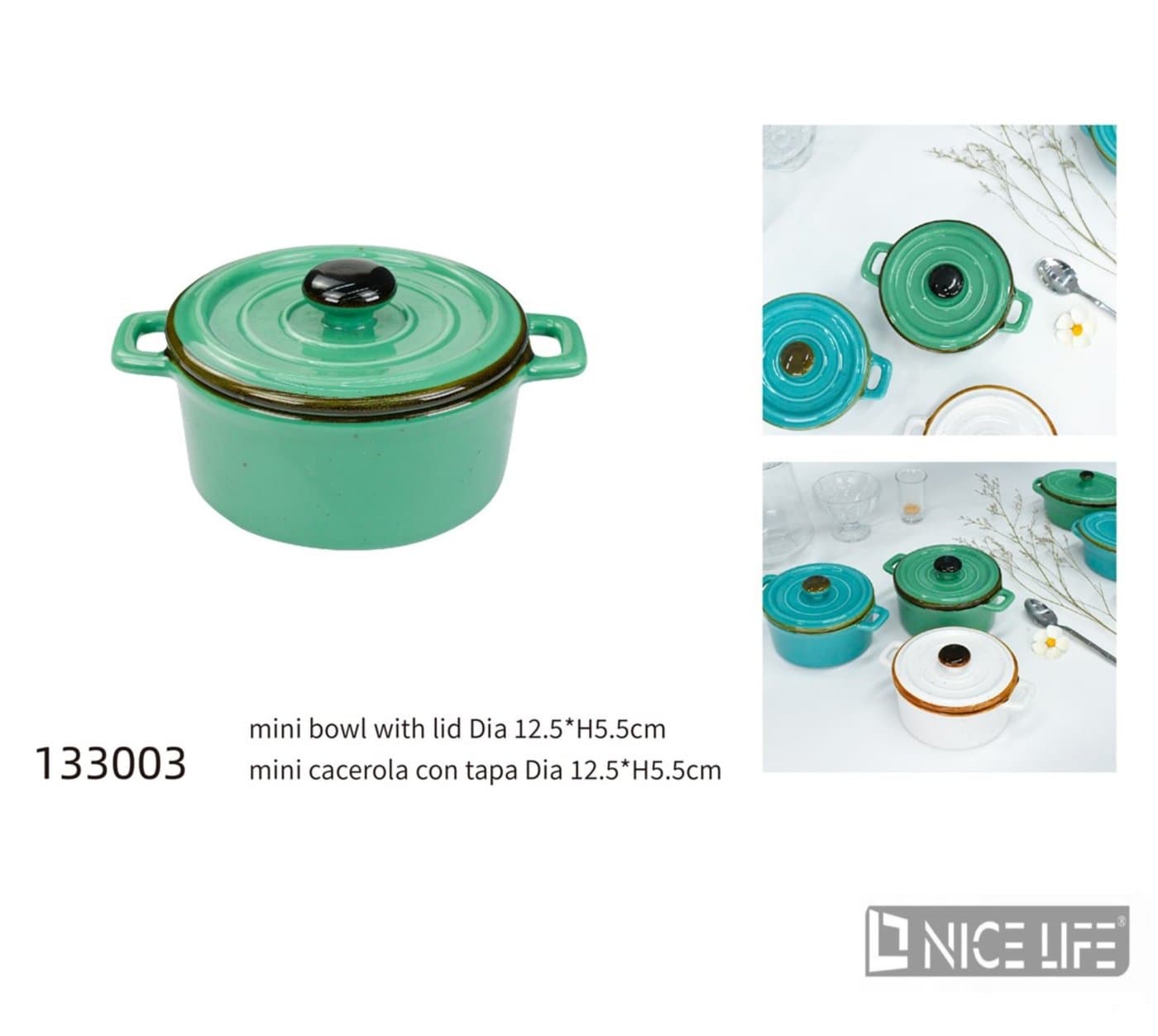 Rondelek mini ceramiczny zielony z dwoma uchwytami bocznymi