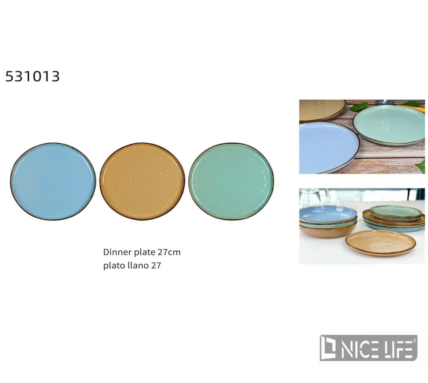 Talerz obiadowy ceramiczny 27 cm niebieski musztardowy zielony