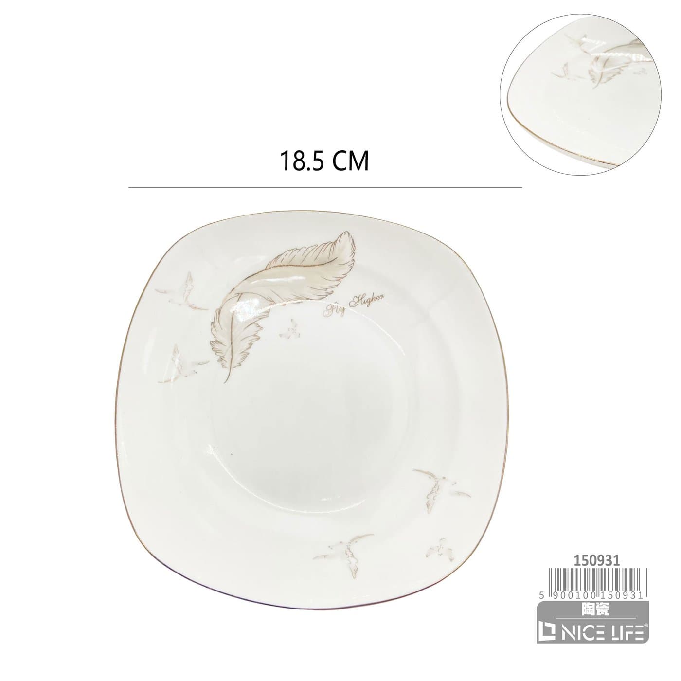 Talerz ceramiczny biały z motywem ptaków i pióra