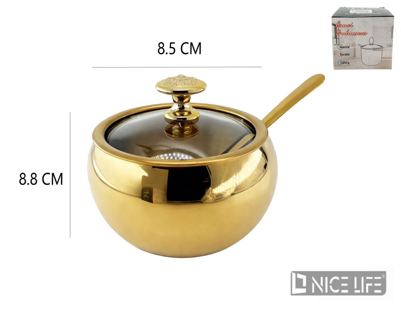Cukiernica metalowa złota z łyżeczką