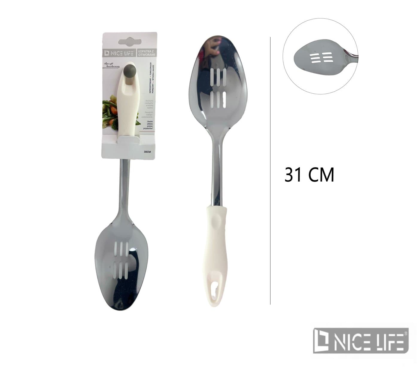 Łopatka kuchenna metalowa owalna z białą plastikową rączką