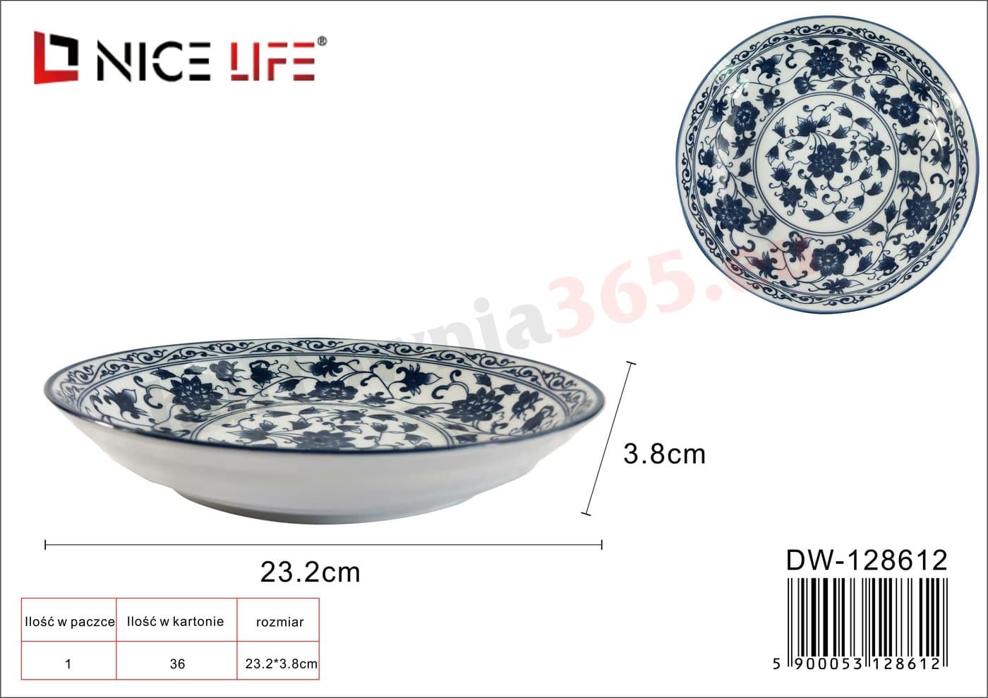 Talerz głęboki ceramiczny z niebieskim ornamentem roślinnym
