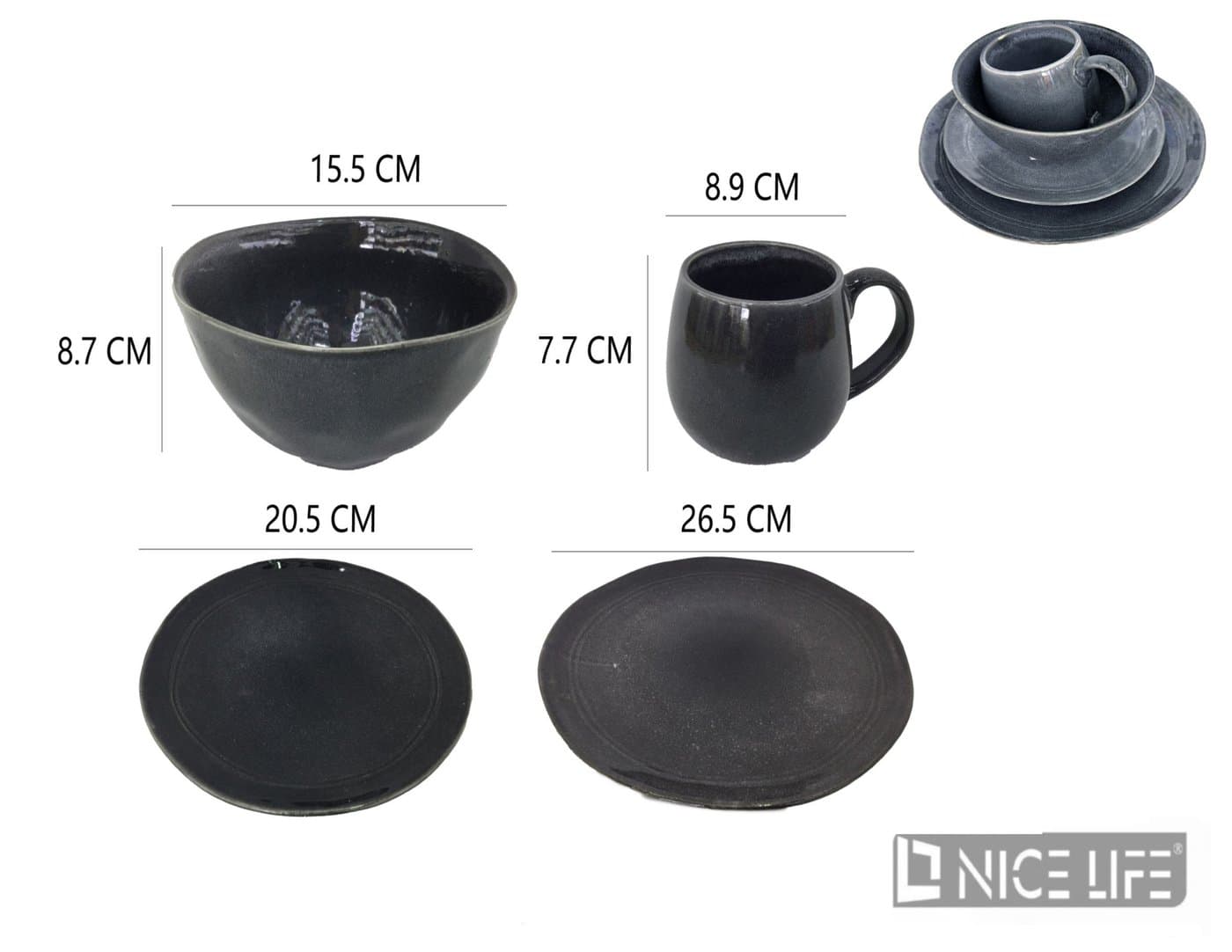 Zestaw naczyń ceramiczny czarny z nieregularnymi krawędziami