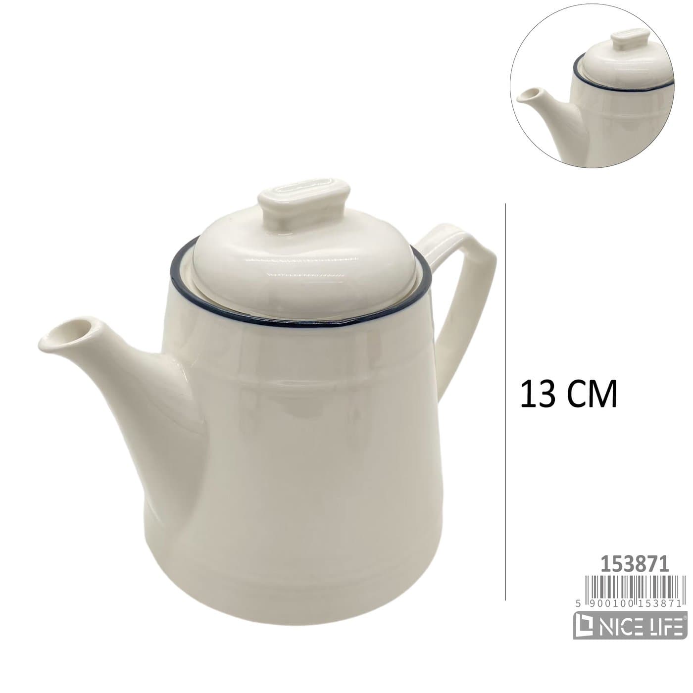 Czajnik ceramiczny biały z granatową obwódką