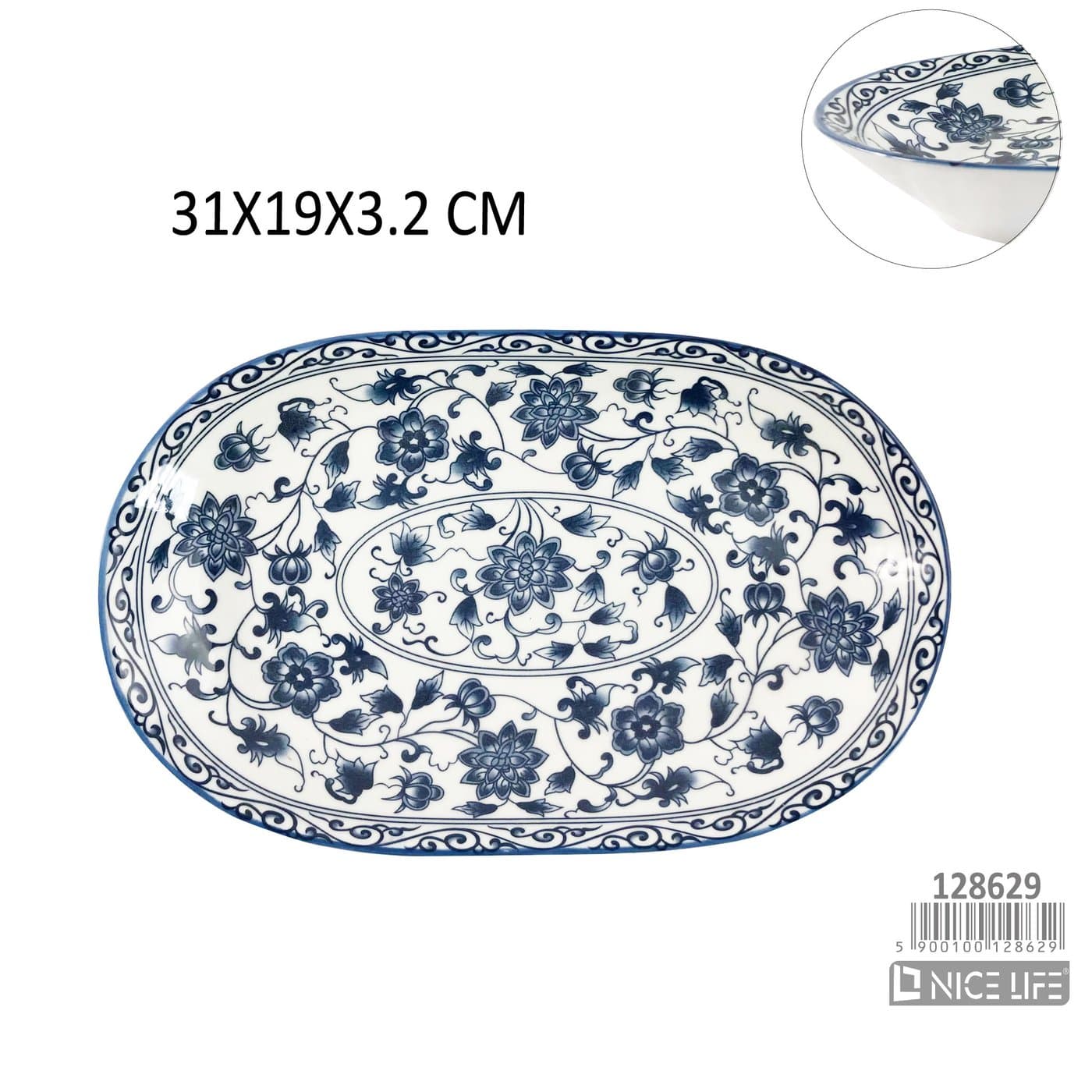 Półmisek ceramiczny biały podłużny z niebieskim ornamentem kwiatowym