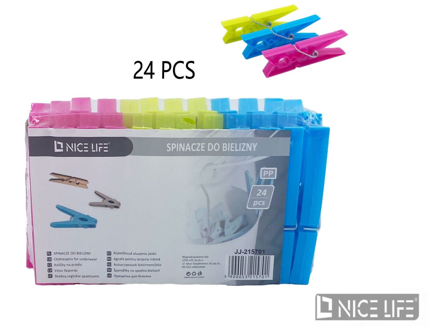 Spinacze do bielizny plastikowe: kremowe, niebieskie, różowe, zielone