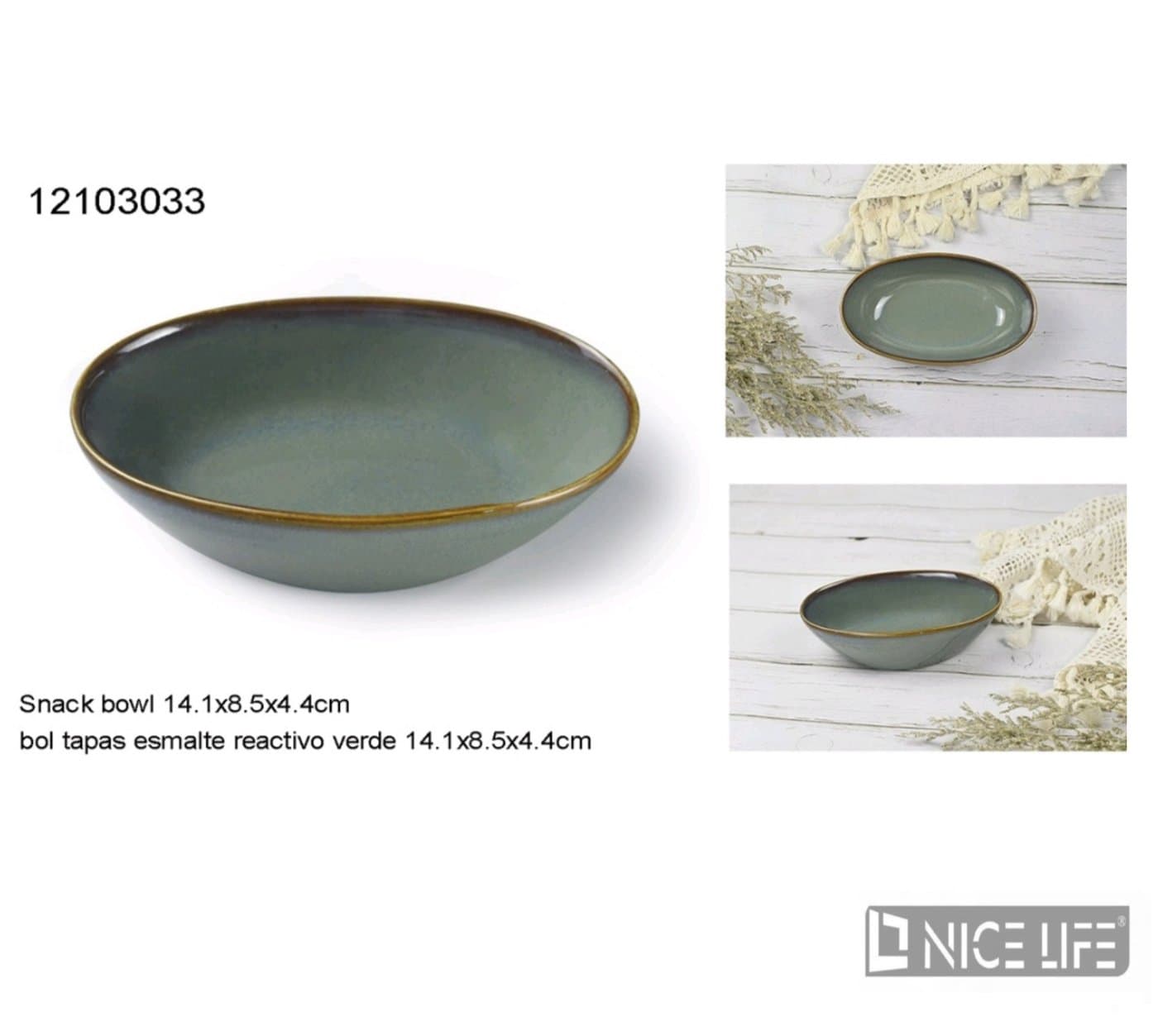 Miska ceramiczna zielonoszara z brązową obwódką
