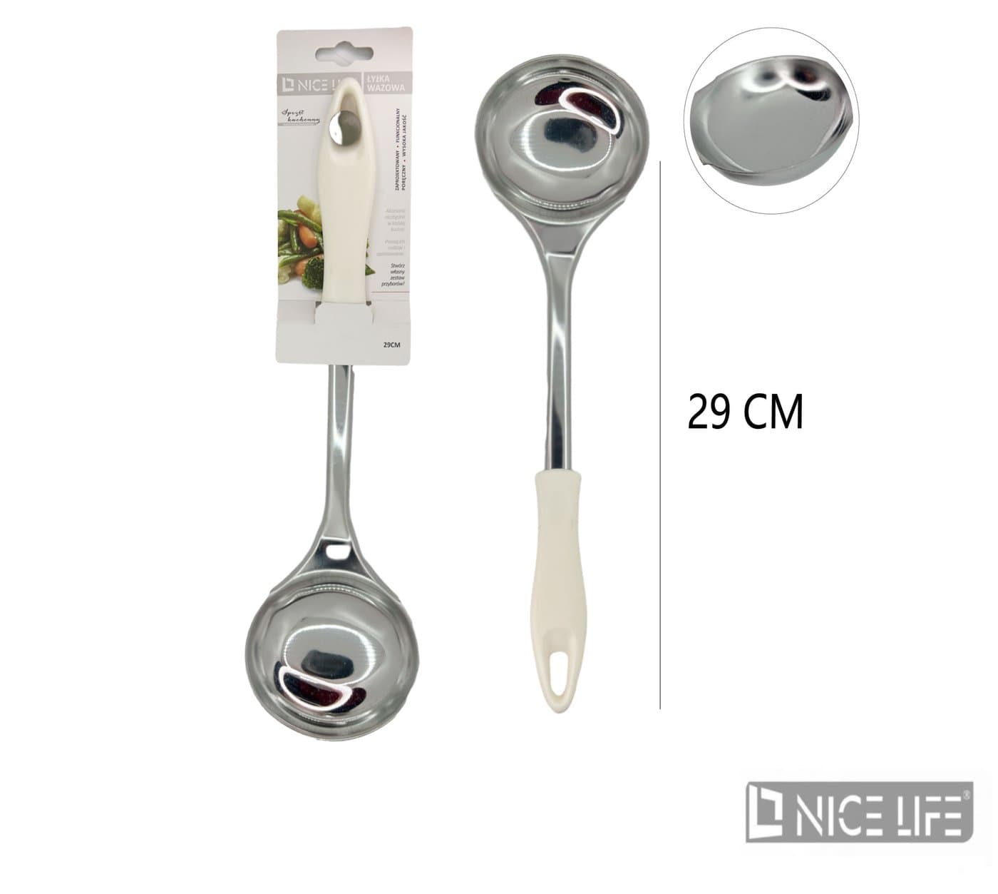 Łyżka wazowa metalowa z białą plastikową rączką