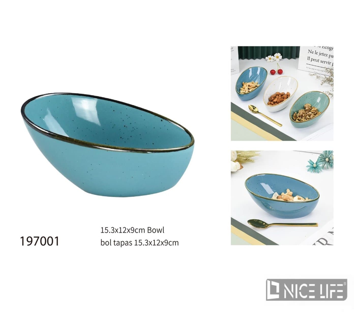 Miska ceramiczna turkusowa owalna nakrapiana z ciemnym obramowaniem
