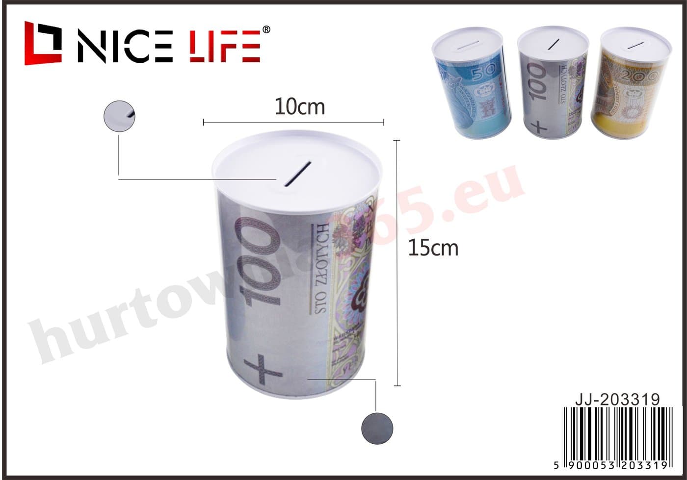Skarbonka z metalu cylindryczna z nadrukiem banknotowym