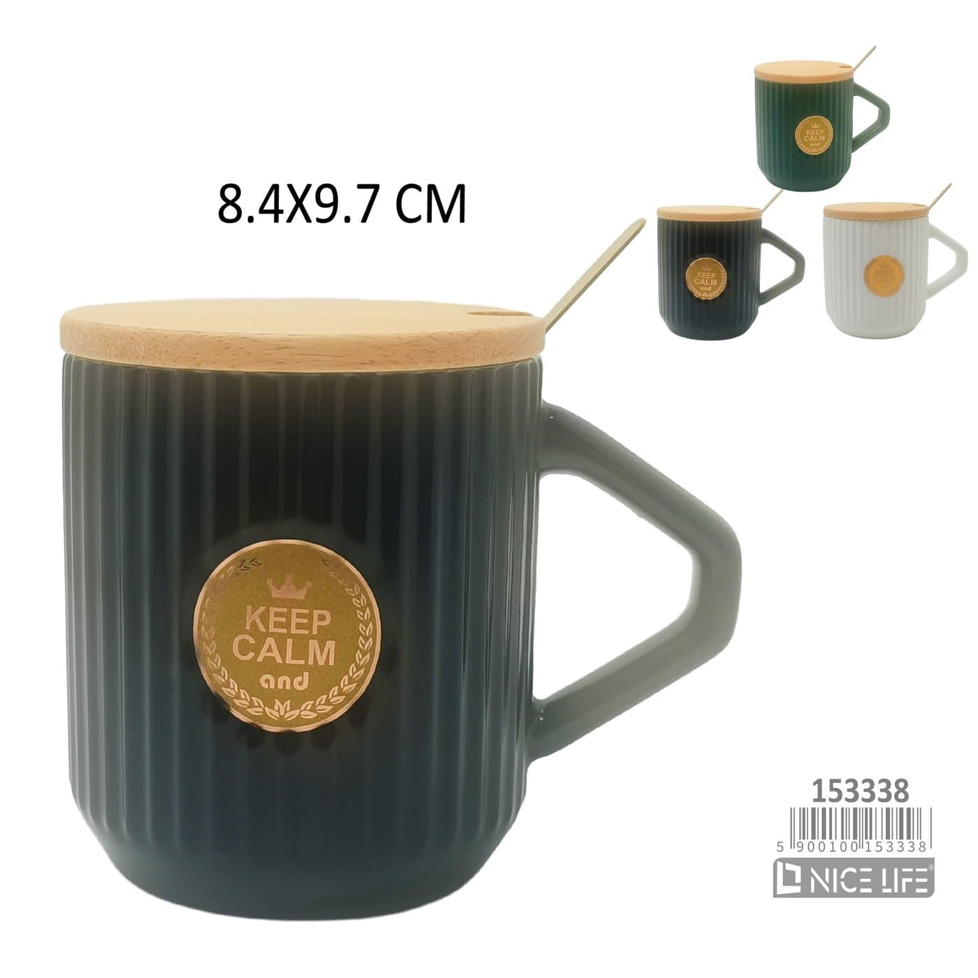 Kubek ceramiczny żłobiony z pokrywką i łyżeczką
