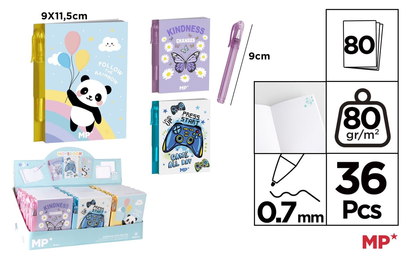 Notes papierowy z mini długopisem, panda, kwiaty i gry