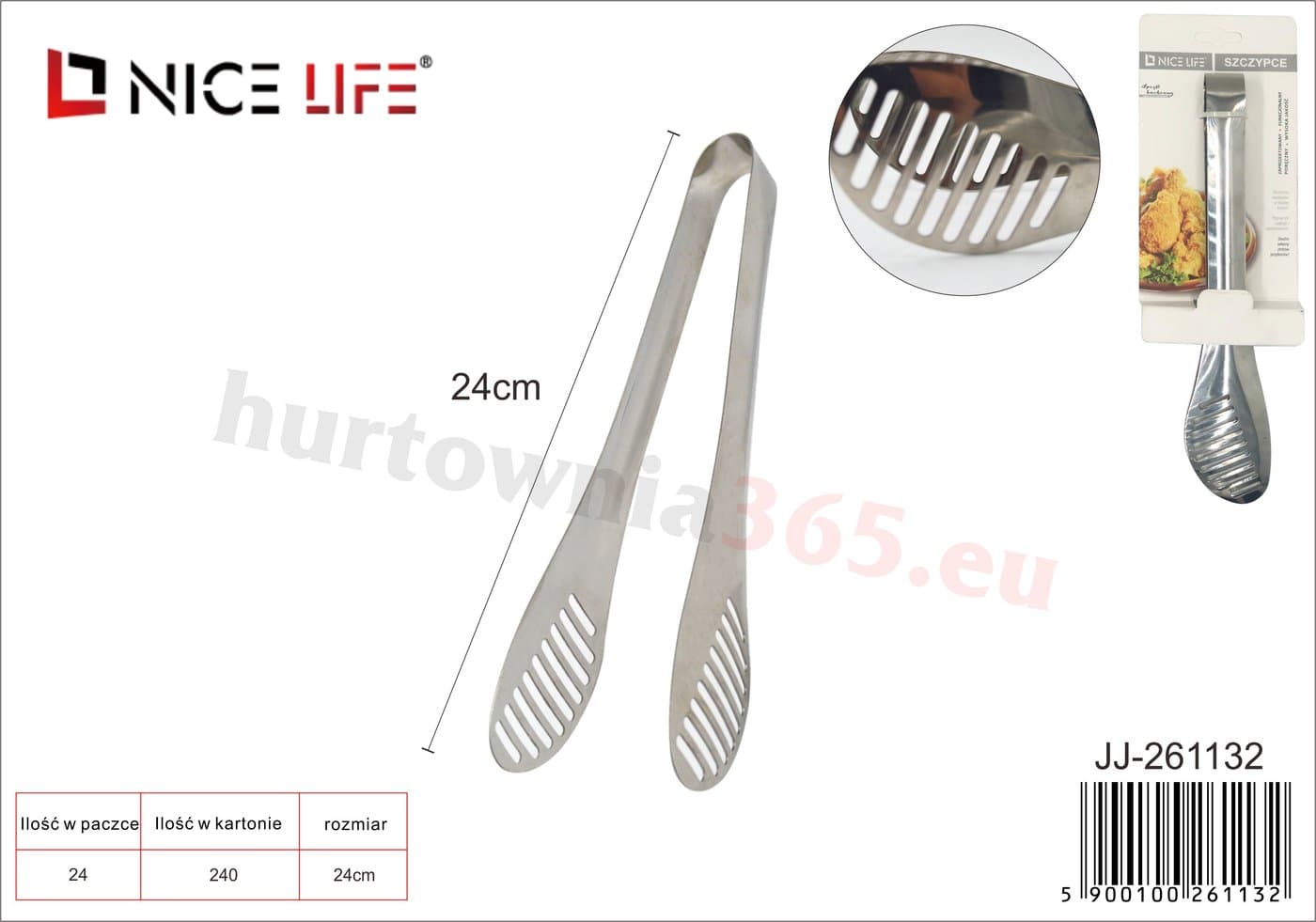 Szczypce kuchenne metalowe z szerokimi końcówkami z okrągłymi otworami
