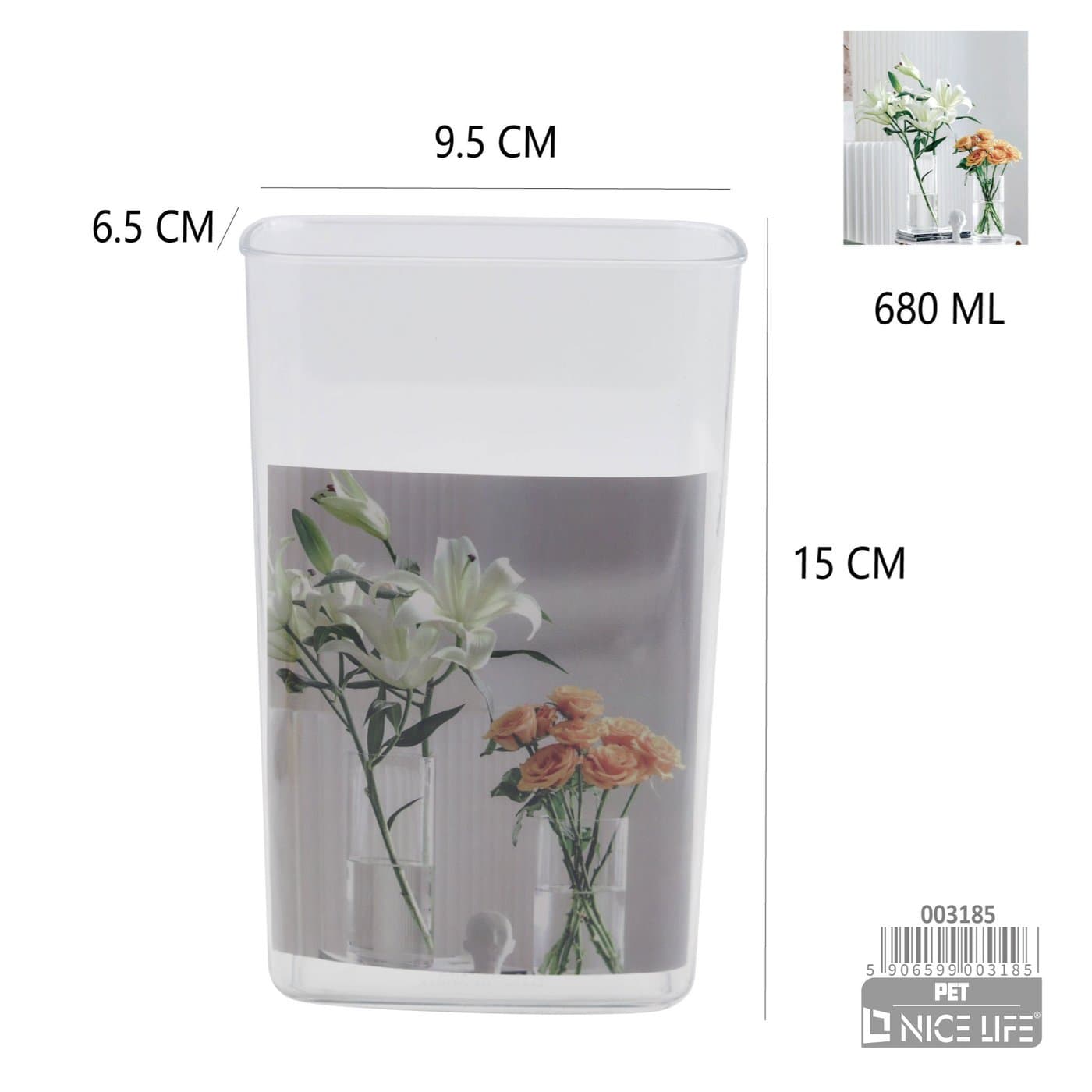 Wazon plastikowy przezroczysty 680 ml, 9,5 × 6,5 × 15 cm