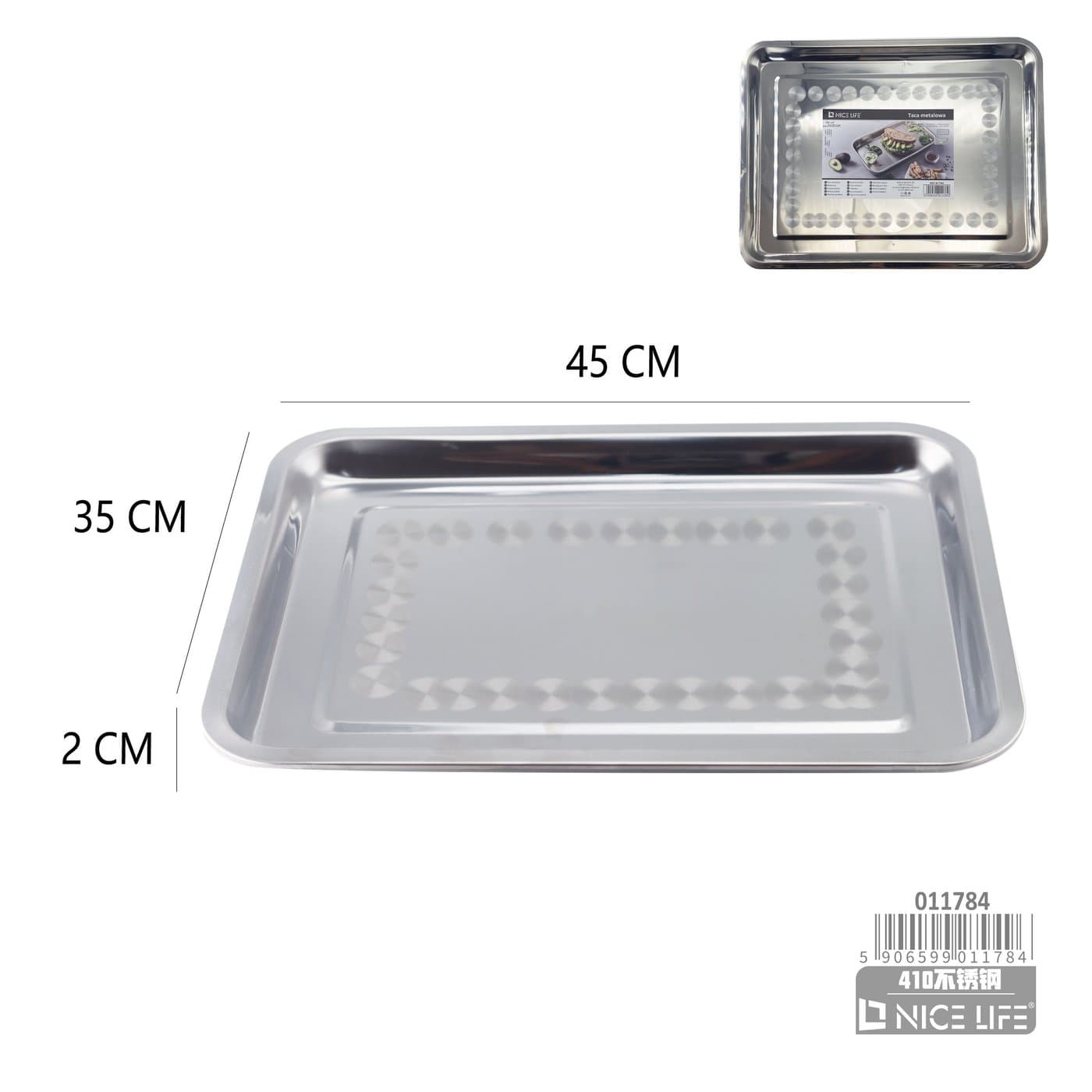 Taca metalowa prostokątna srebrna 45 × 35 × 2 cm