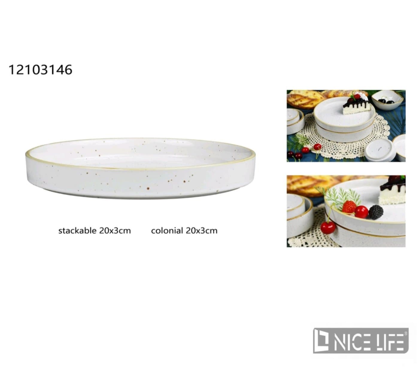 Talerz ceramiczny okrągły biały ze złotą obwódką 20 × 3 cm