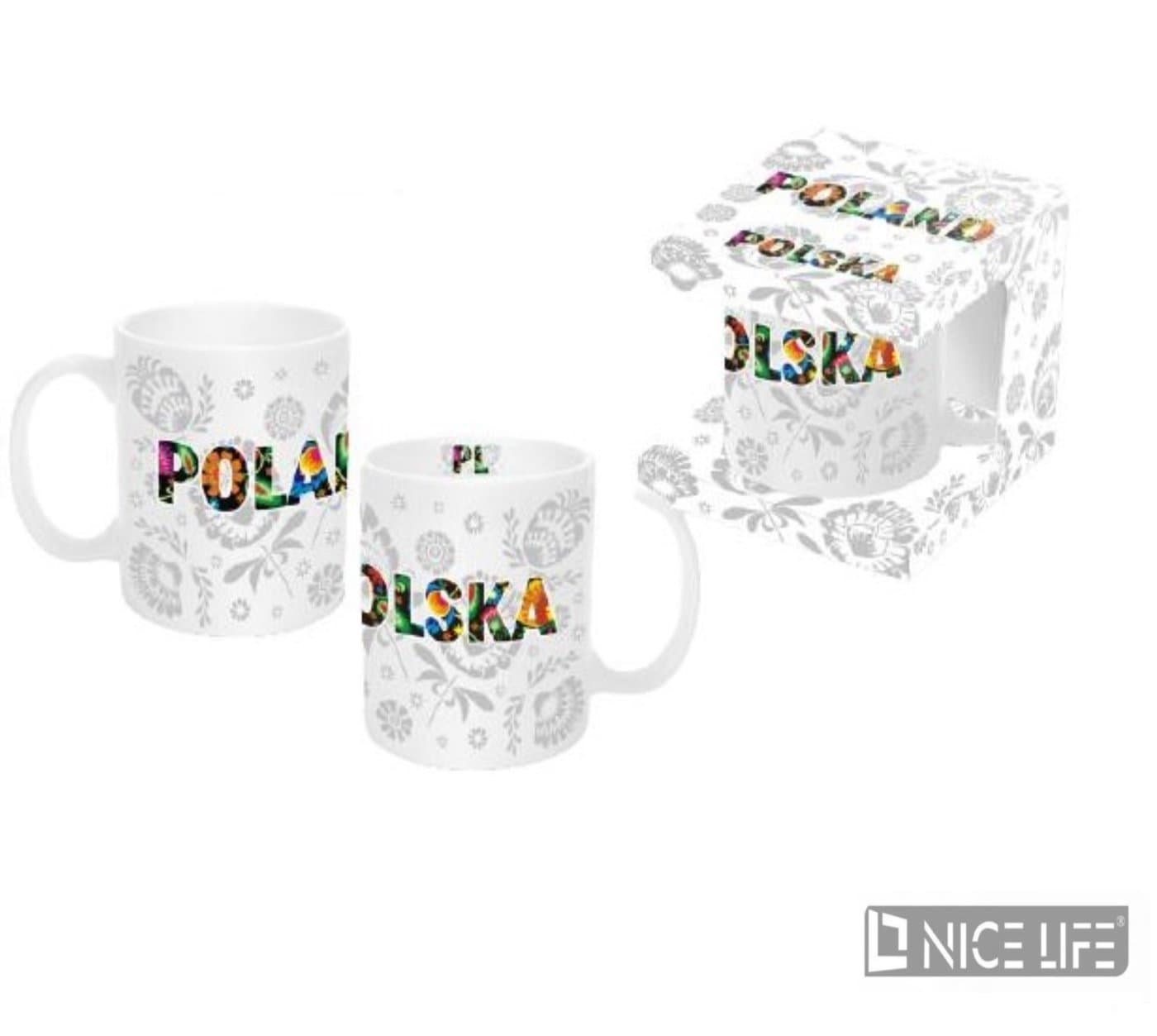 Folk kubek szklany biały 300 ml z motywem folklorystycznym